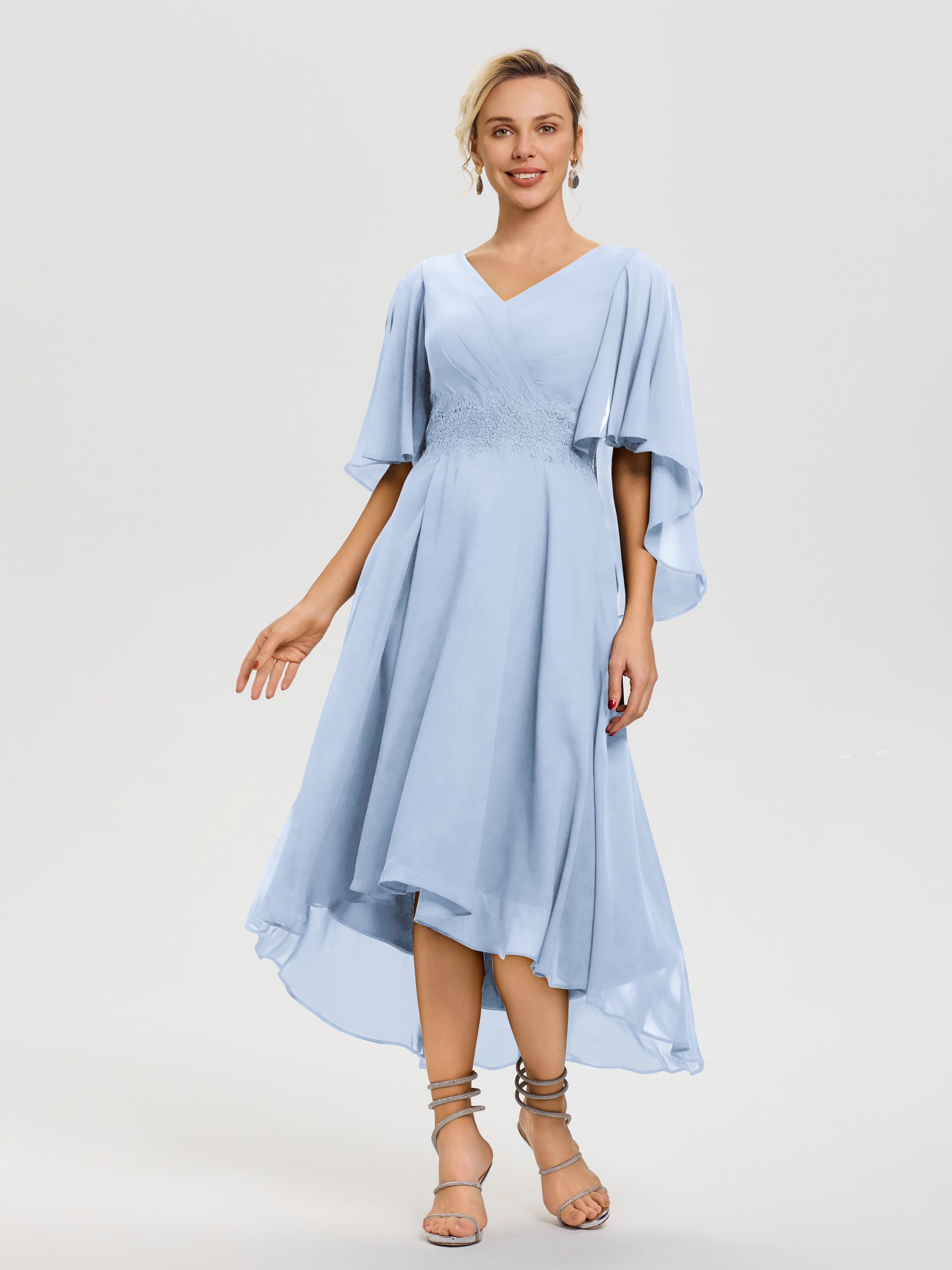 Sky Blue Mother Of Bride Dress A Line Chiffon V Neck Ruffle Sleeves Appliques Waist High Low Mother Of The Bride Dresses Sky Blue Mother Of Bride Dress A Line Chiffon V Neck Ruffle Sleeves Appliques Waist High Low Mother Of The Bride Dresses