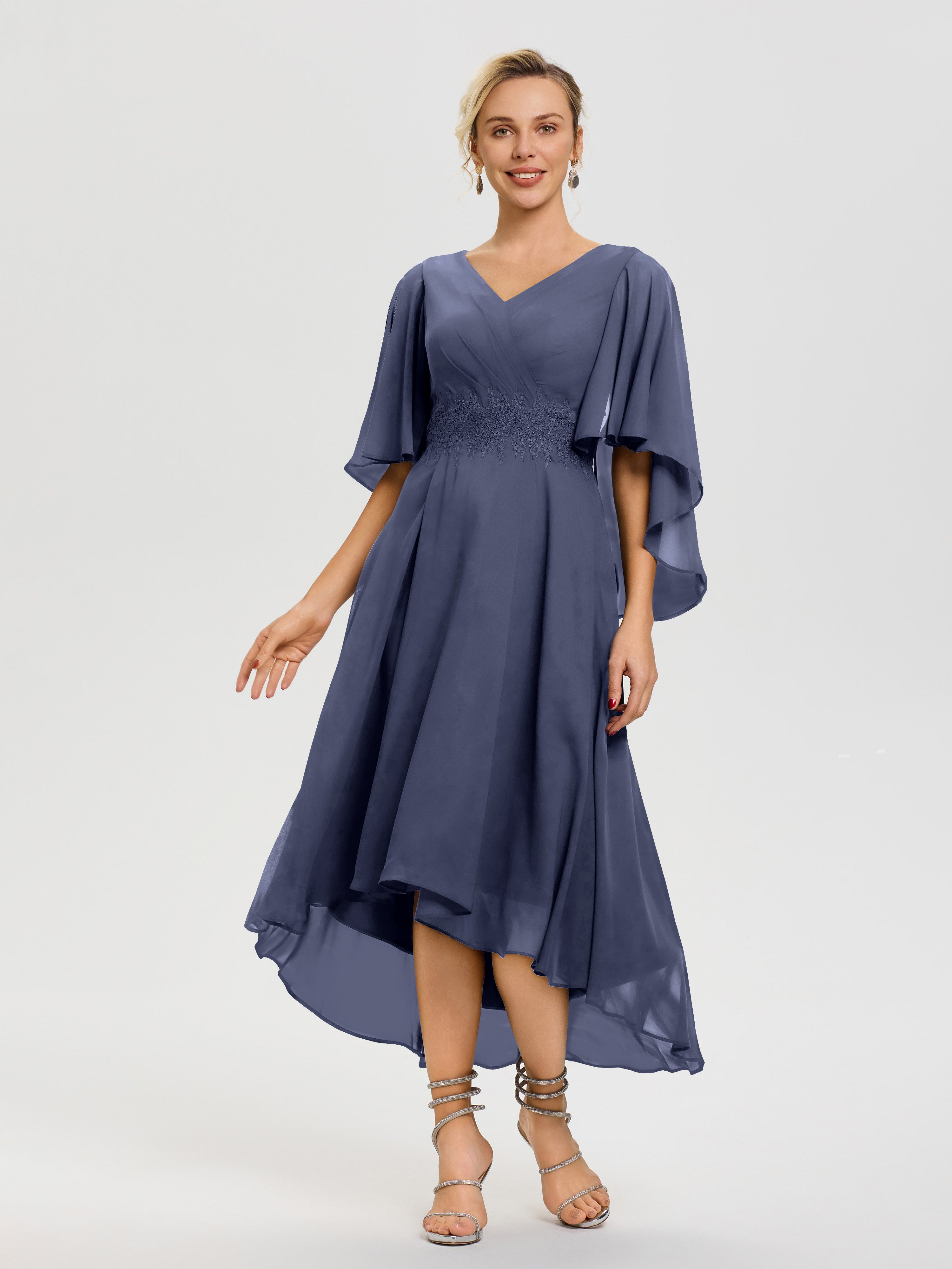 Stormy Mother Of Bride Dress A Line Chiffon V Neck Ruffle Sleeves Appliques Waist High Low Mother Of The Bride Dresses