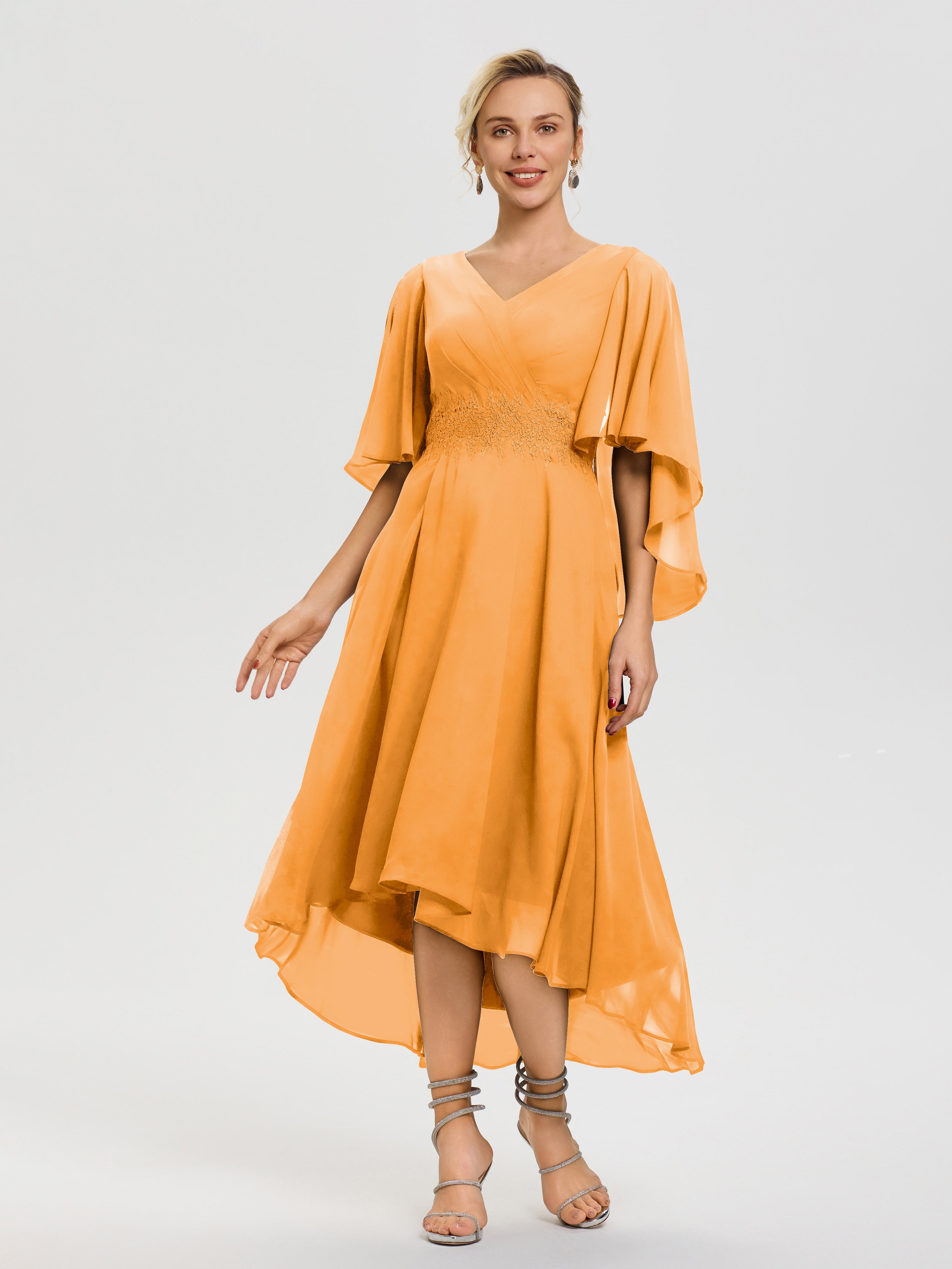 tangerine chiffon dress Mother Of Bride Tangerine Dresses A Line Chiffon V Neck Ruffle Sleeves Appliques Waist High Low Mother Of The Bride Dresses