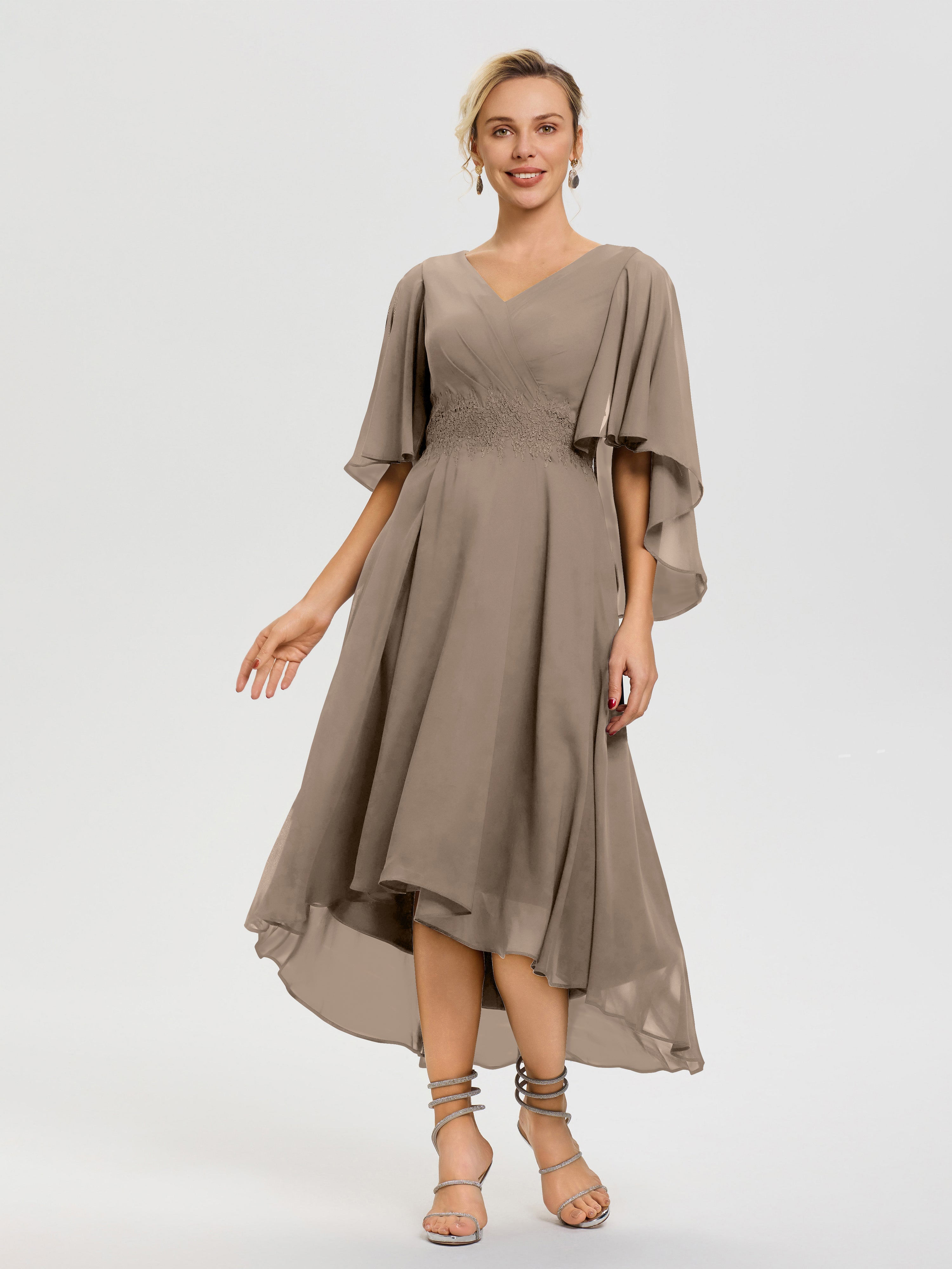 Mother Of The Bride Taupe Dresses A Line Chiffon V Neck Ruffle Sleeves Appliques Waist High Low Mother Of The Bride Dresses Mother Of The Bride Taupe Dresses A Line Chiffon V Neck Ruffle Sleeves Appliques Waist High Low Mother Of The Bride Dresses