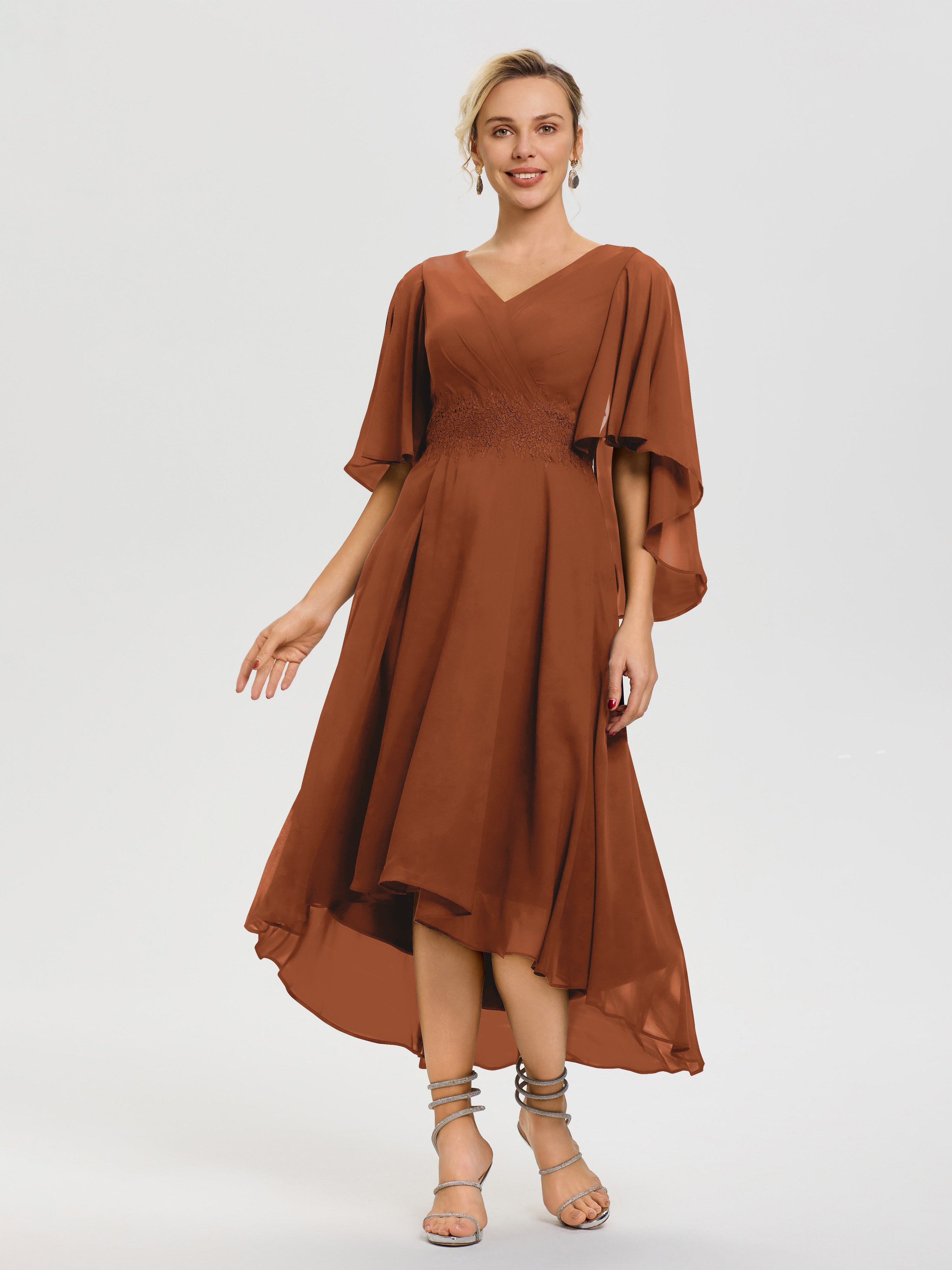 Mother of The Bride Dresses Terracotta A Line Chiffon V Neck Ruffle Sleeves Appliques Waist High Low Mother of The Bride Dresses Mother of The Bride Dresses Terracotta A Line Chiffon V Neck Ruffle Sleeves Appliques Waist High Low Mother of The Bride Dresses