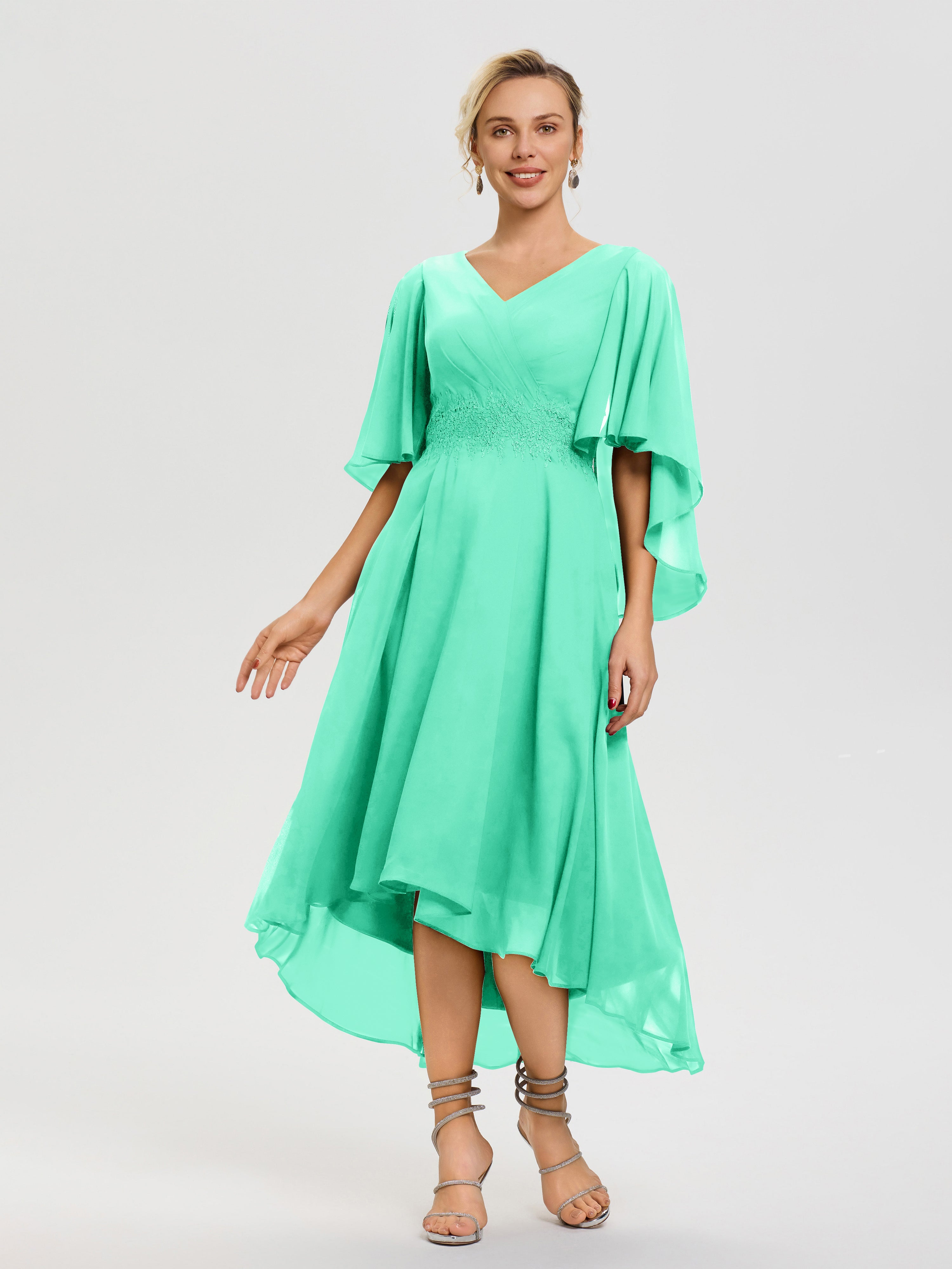 Turquoise Blue Mother of The Bride Dress A Line Chiffon V Neck Ruffle Sleeves Appliques Waist High Low Mother of The Bride Dresses Turquoise Blue Mother of The Bride Dress A Line Chiffon V Neck Ruffle Sleeves Appliques Waist High Low Mother of The Bride Dresses