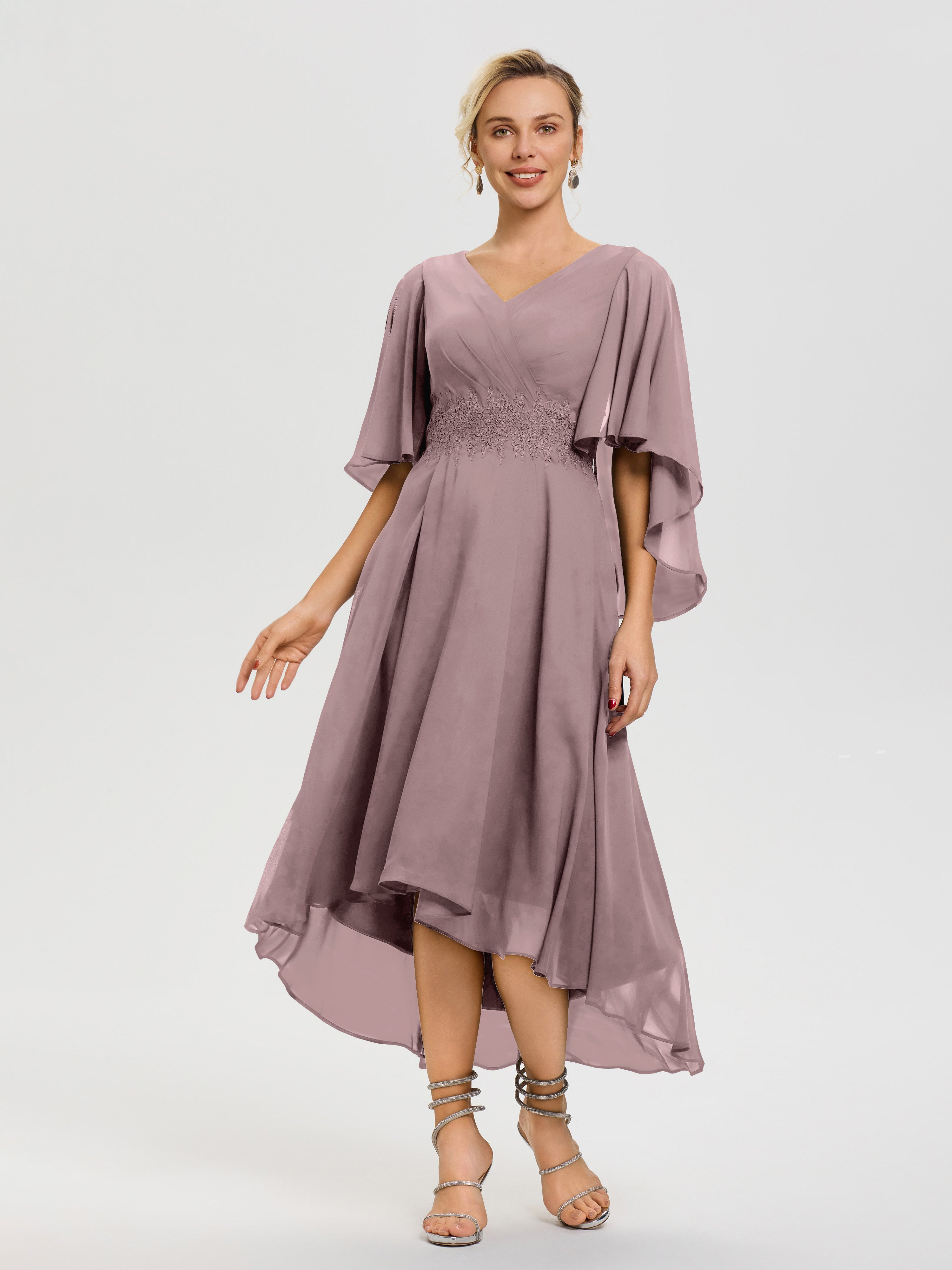 Vintage Mauve Mother of The Bride Dresses A Line Chiffon V Neck Ruffle Sleeves Appliques Waist High Low Mother of The Bride Dresses Vintage Mauve Mother of The Bride Dresses A Line Chiffon V Neck Ruffle Sleeves Appliques Waist High Low Mother of The Bride Dresses