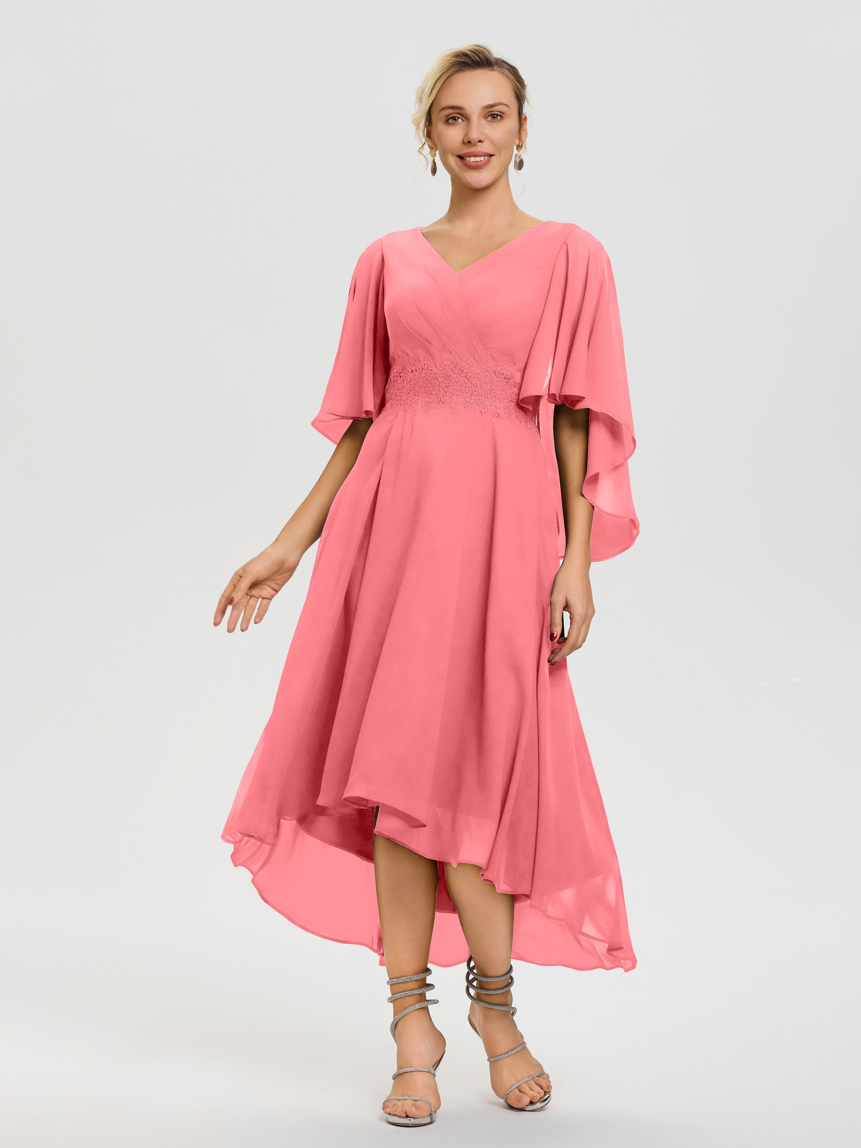 watermelon chiffon dress Beaded Pleated Watermelon Chiffon Short Homecoming Bridesmaid Dress