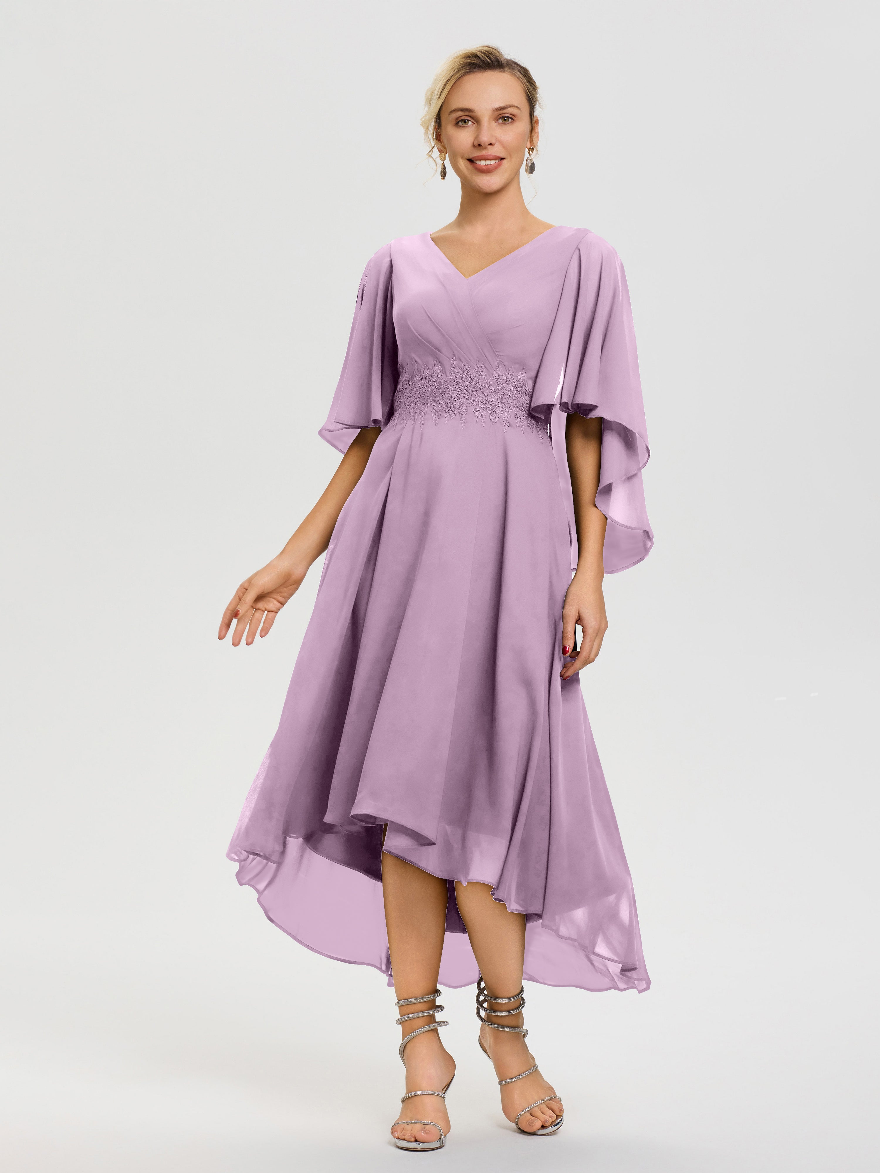 Wisteria Mother Of Bride Dress A Line Chiffon V Neck Ruffle Sleeves Appliques Waist High Low Mother Of The Bride Dresses Wisteria Mother Of Bride Dress A Line Chiffon V Neck Ruffle Sleeves Appliques Waist High Low Mother Of The Bride Dresses