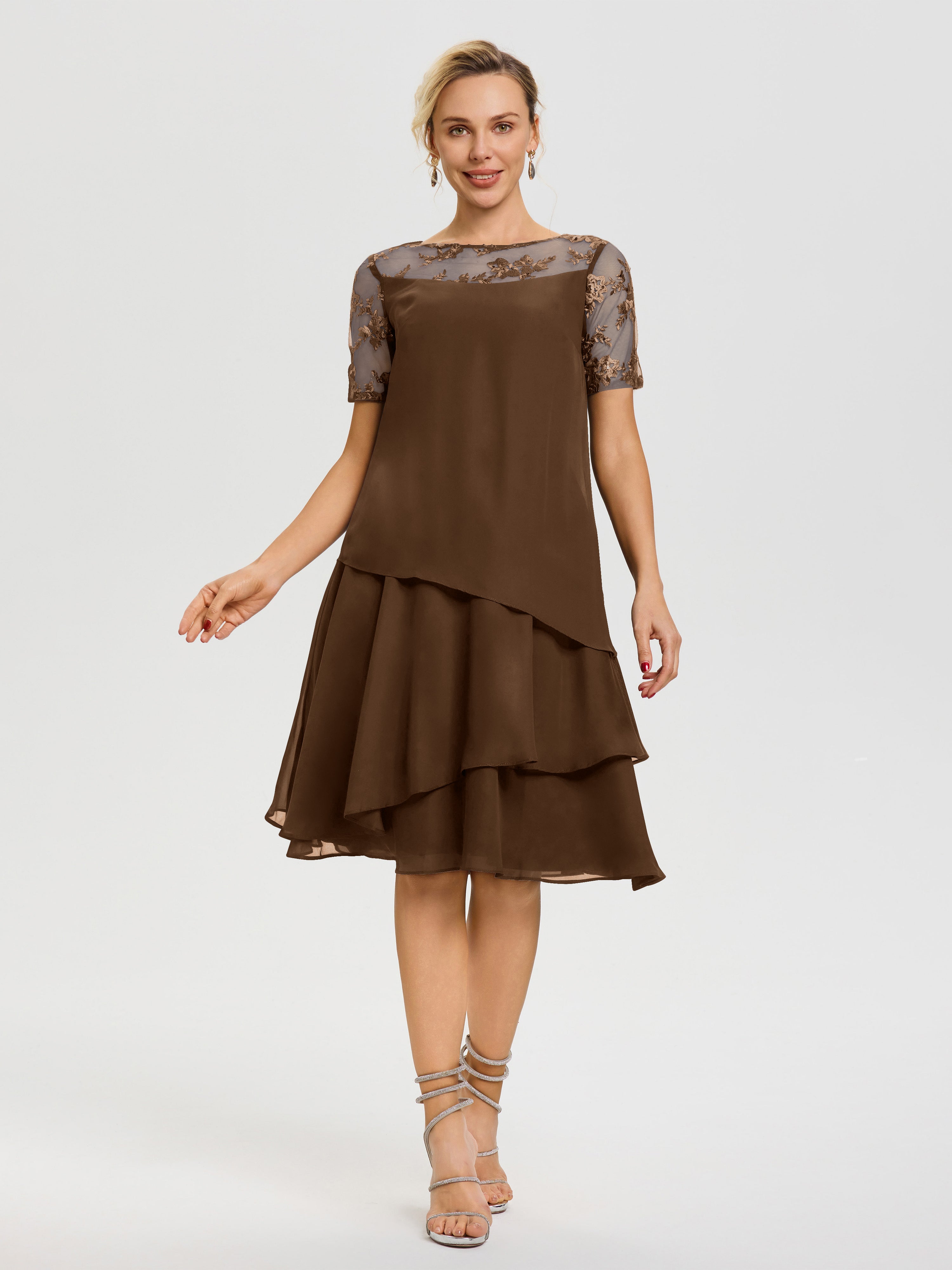 short brown ruffle dress Shop Brown A-Line Shirt Collar Ruffle Detailed Chiffon Woven Short Dress Online in Oman