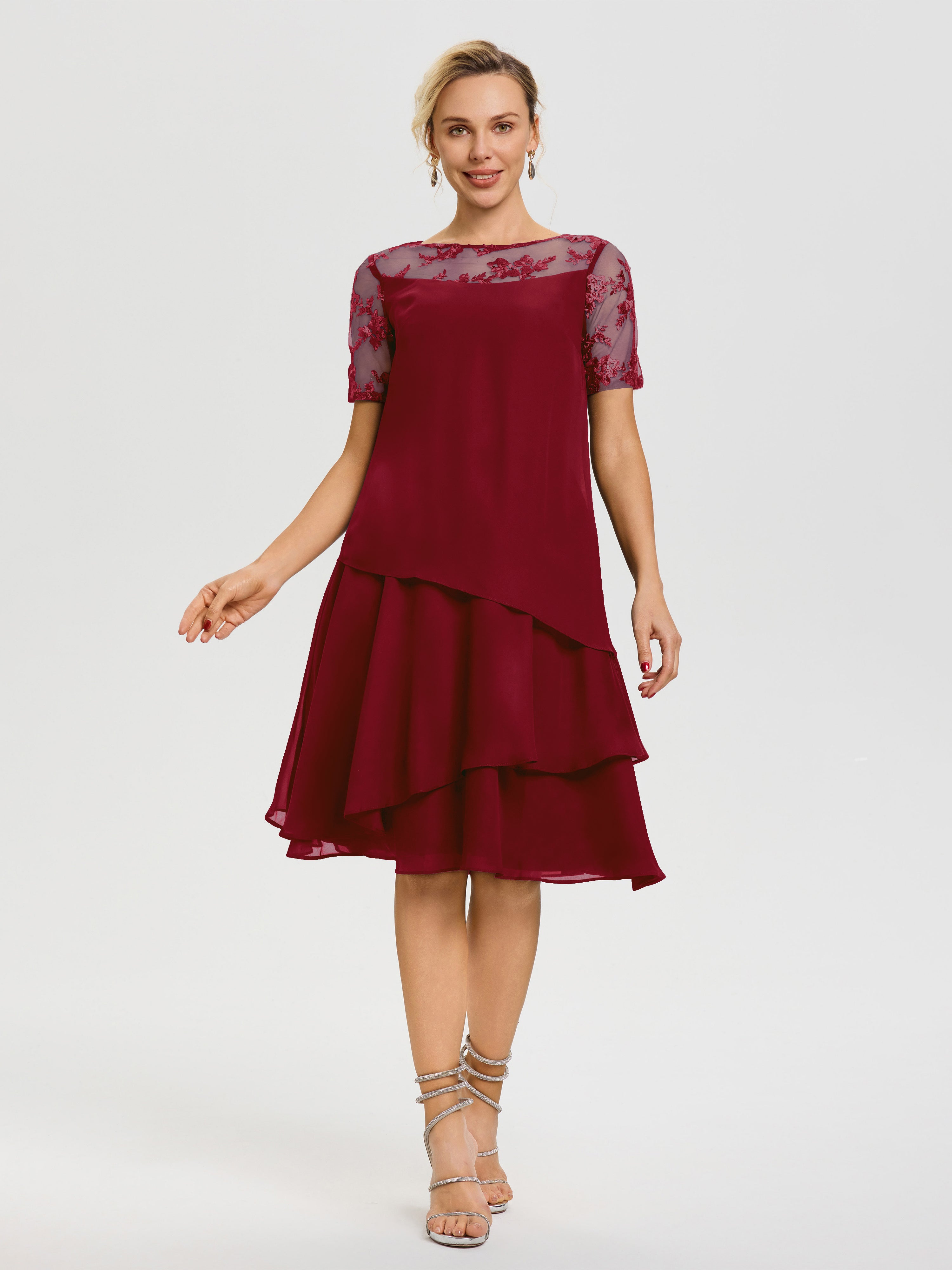 Burgundy Mother Of The Bride Dress With Sleeves A Line Illusion Neck Short Sleeves Ruffles Chiffon Knee Length Mother Of The Bride Dresses Burgundy Mother Of The Bride Dress With Sleeves A Line Illusion Neck Short Sleeves Ruffles Chiffon Knee Length Mother Of The Bride Dresses