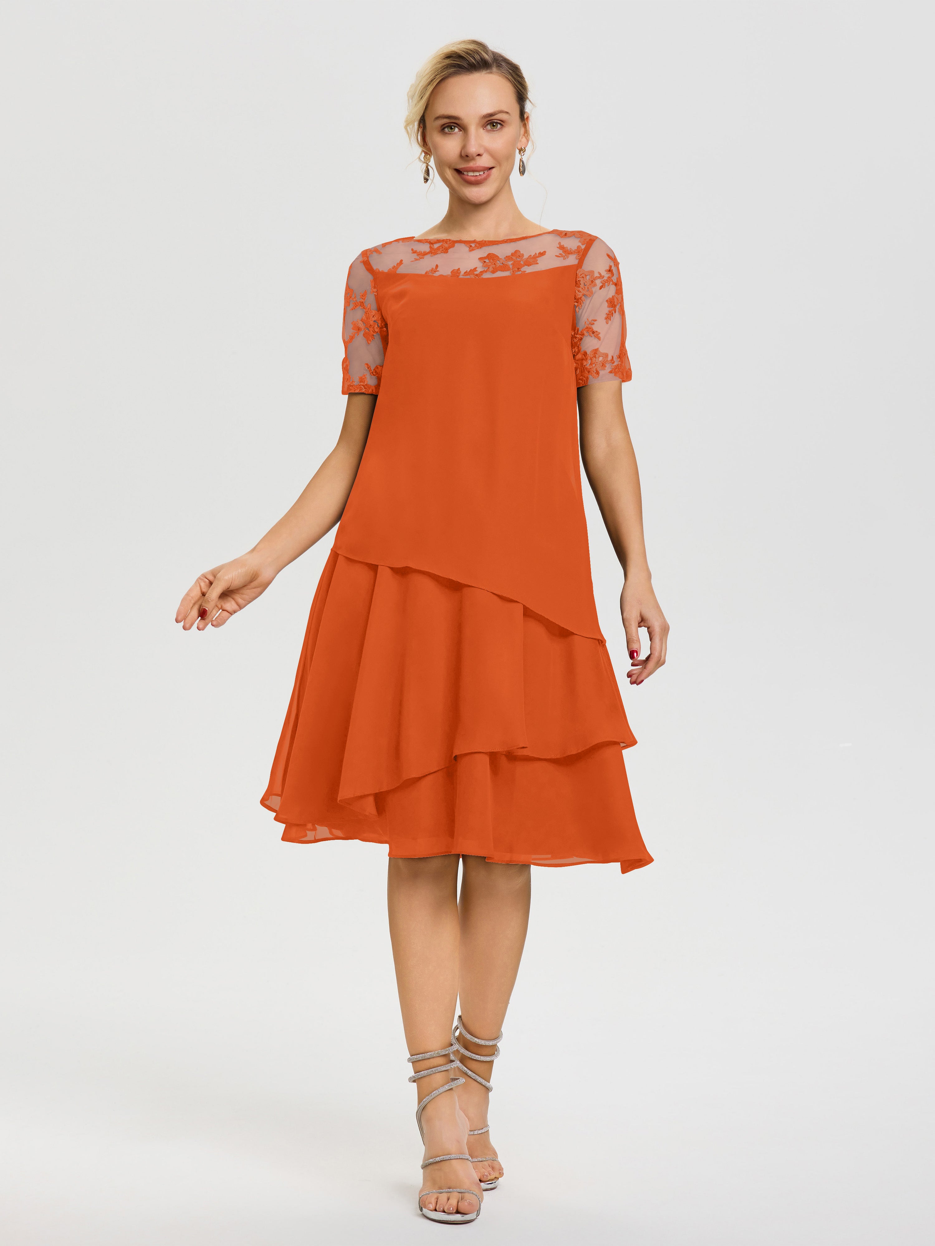 burnt orange cocktail dress Mother Of The Bride Dresses Burnt Orange A Line Illusion Neck Short Sleeves Ruffles Chiffon Knee Length Mother Of The Bride Dresses