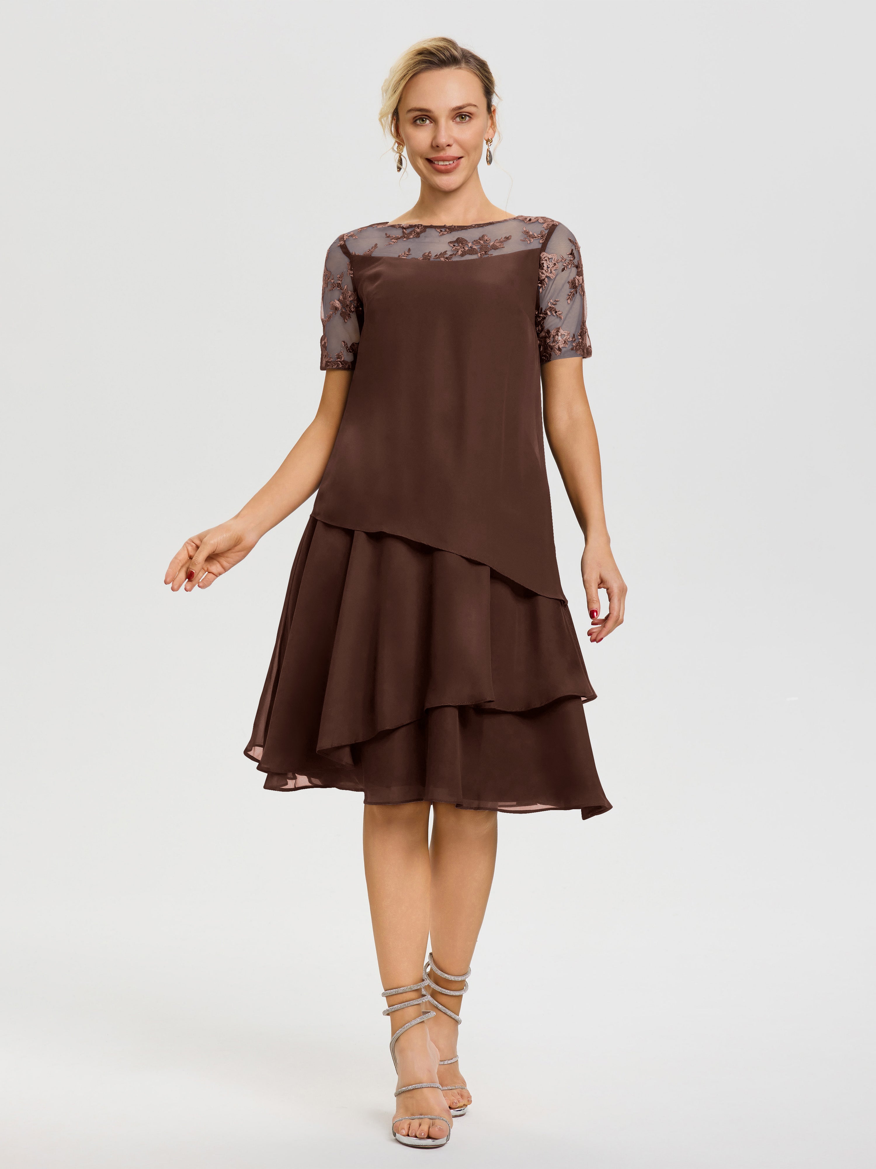 Mother Of The Bride Dresses In Chocolate Brown A Line Illusion Neck Short Sleeves Ruffles Chiffon Knee Length Mother Of The Bride Dresses Mother Of The Bride Dresses In Chocolate Brown A Line Illusion Neck Short Sleeves Ruffles Chiffon Knee Length Mother Of The Bride Dresses