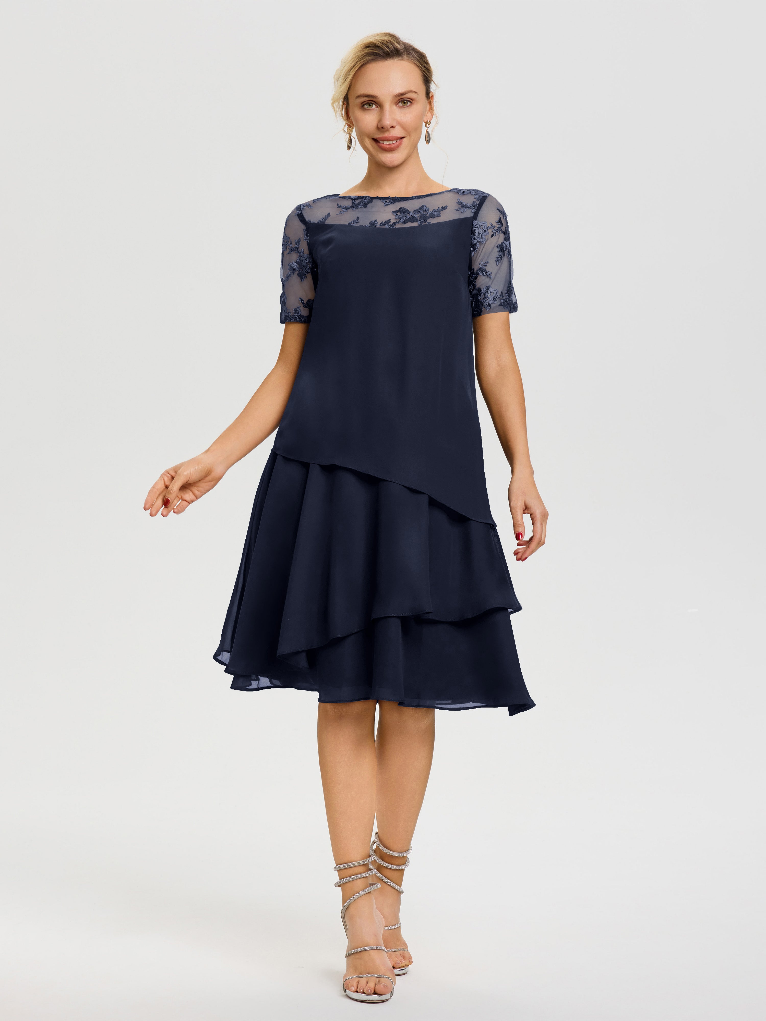Dark Navy Mother Of The Bride Dresses A Line Illusion Neck Short Sleeves Ruffles Chiffon Knee Length Mother Of The Bride Dresses Dark Navy Mother Of The Bride Dresses A Line Illusion Neck Short Sleeves Ruffles Chiffon Knee Length Mother Of The Bride Dresses