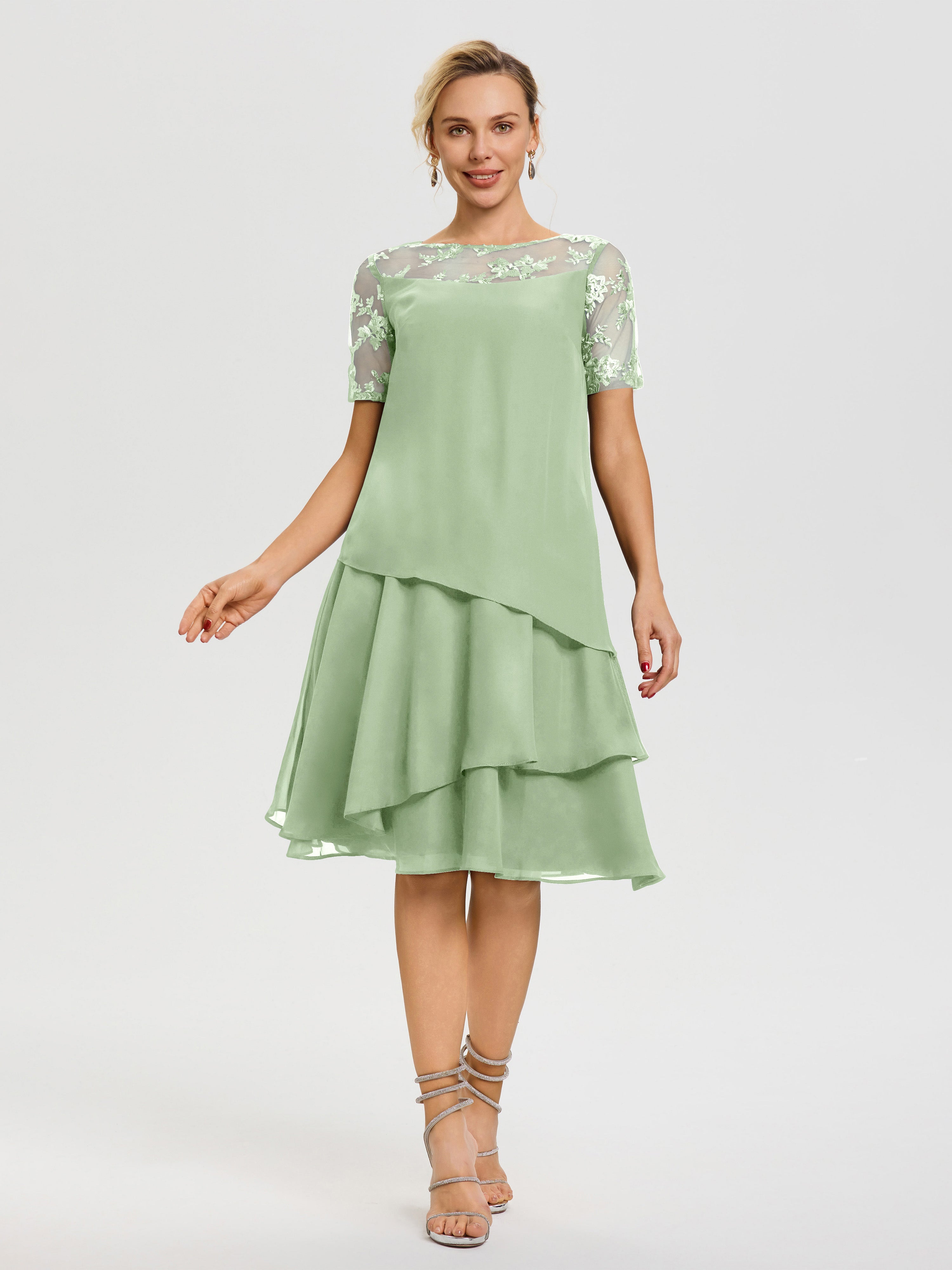 Dusty Sage Mother Of The Bride Dress A Line Illusion Neck Short Sleeves Ruffles Chiffon Knee Length Mother Of The Bride Dresses Dusty Sage Mother Of The Bride Dress A Line Illusion Neck Short Sleeves Ruffles Chiffon Knee Length Mother Of The Bride Dresses