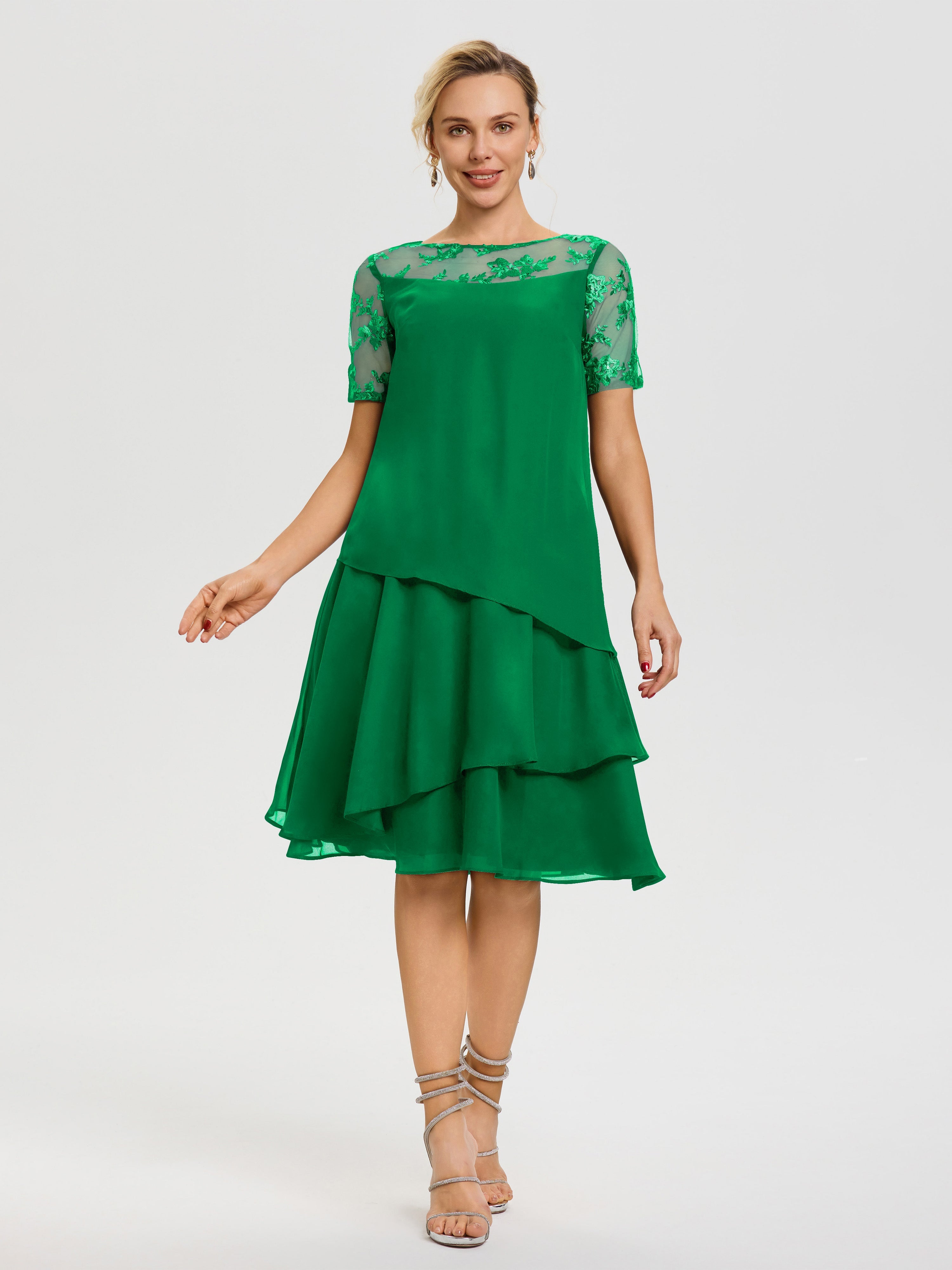 Mother Of The Bride Dresses Emerald Green A Line Illusion Neck Short Sleeves Ruffles Chiffon Knee Length Mother Of The Bride Dresses Mother Of The Bride Dresses Emerald Green A Line Illusion Neck Short Sleeves Ruffles Chiffon Knee Length Mother Of The Bride Dresses