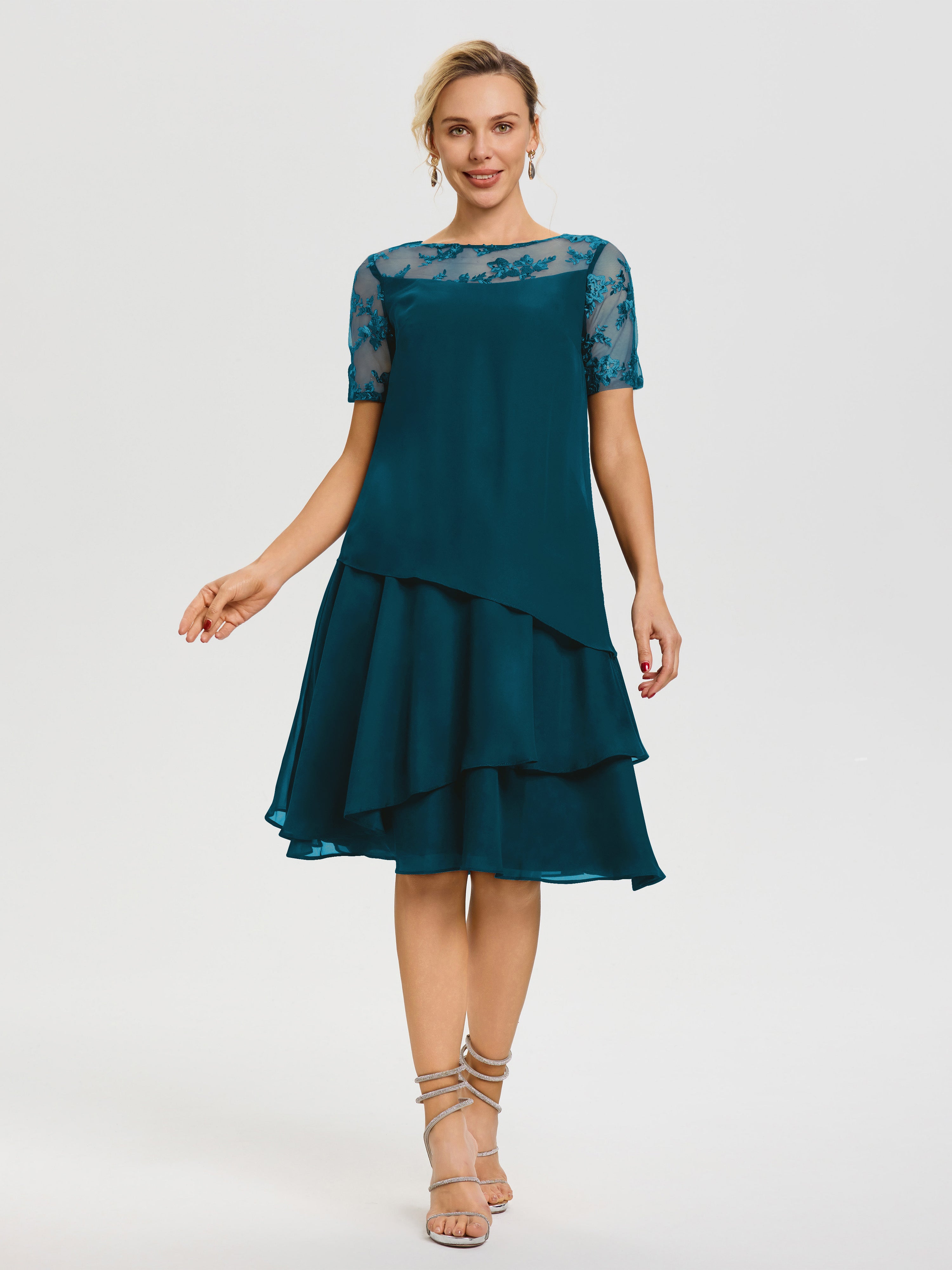Ink Blue Mother Of The Bride Dresses A Line Illusion Neck Short Sleeves Ruffles Chiffon Knee Length Mother Of The Bride Dresses
