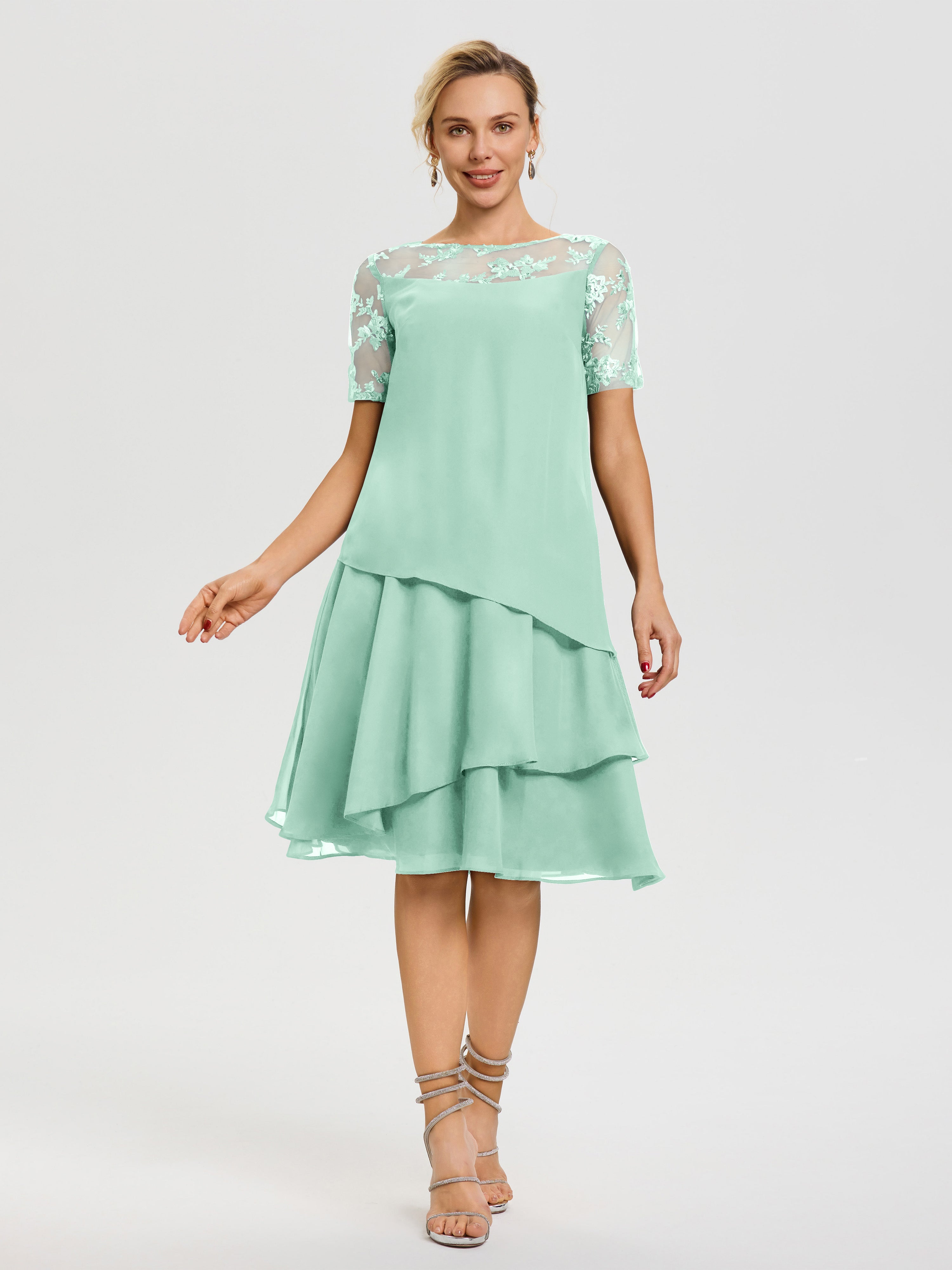 Mother of The Bride Mint Green Dress A Line Illusion Neck Short Sleeves Ruffles Chiffon Knee Length Mother of The Bride Dresses Mother of The Bride Mint Green Dress A Line Illusion Neck Short Sleeves Ruffles Chiffon Knee Length Mother of The Bride Dresses
