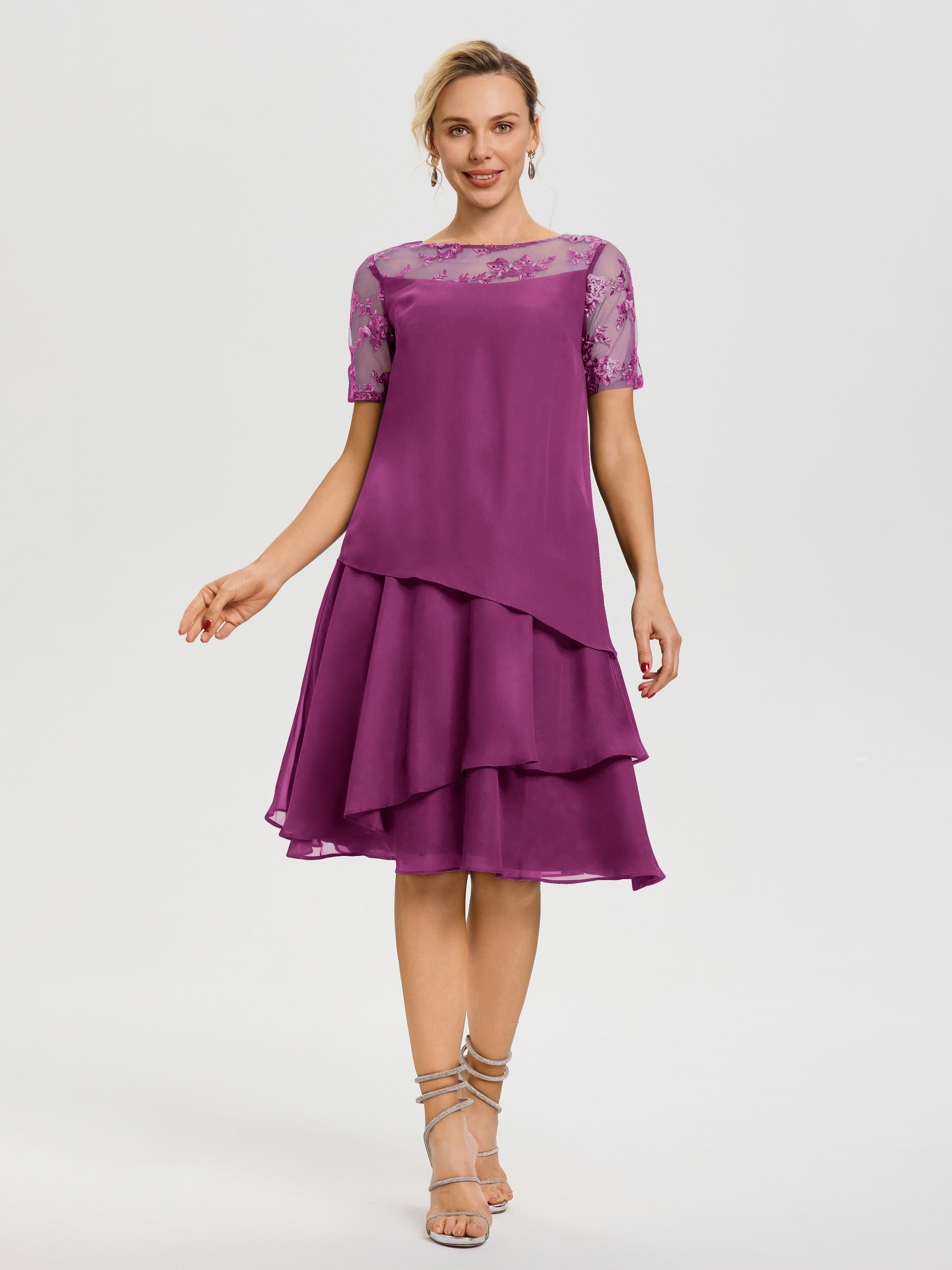 Orchid Elegant Mother Of The Bride Dresses A Line Illusion Neck Short Sleeves Ruffles Chiffon Knee Length Mother Of The Bride Dresses Orchid Elegant Mother Of The Bride Dresses A Line Illusion Neck Short Sleeves Ruffles Chiffon Knee Length Mother Of The Bride Dresses