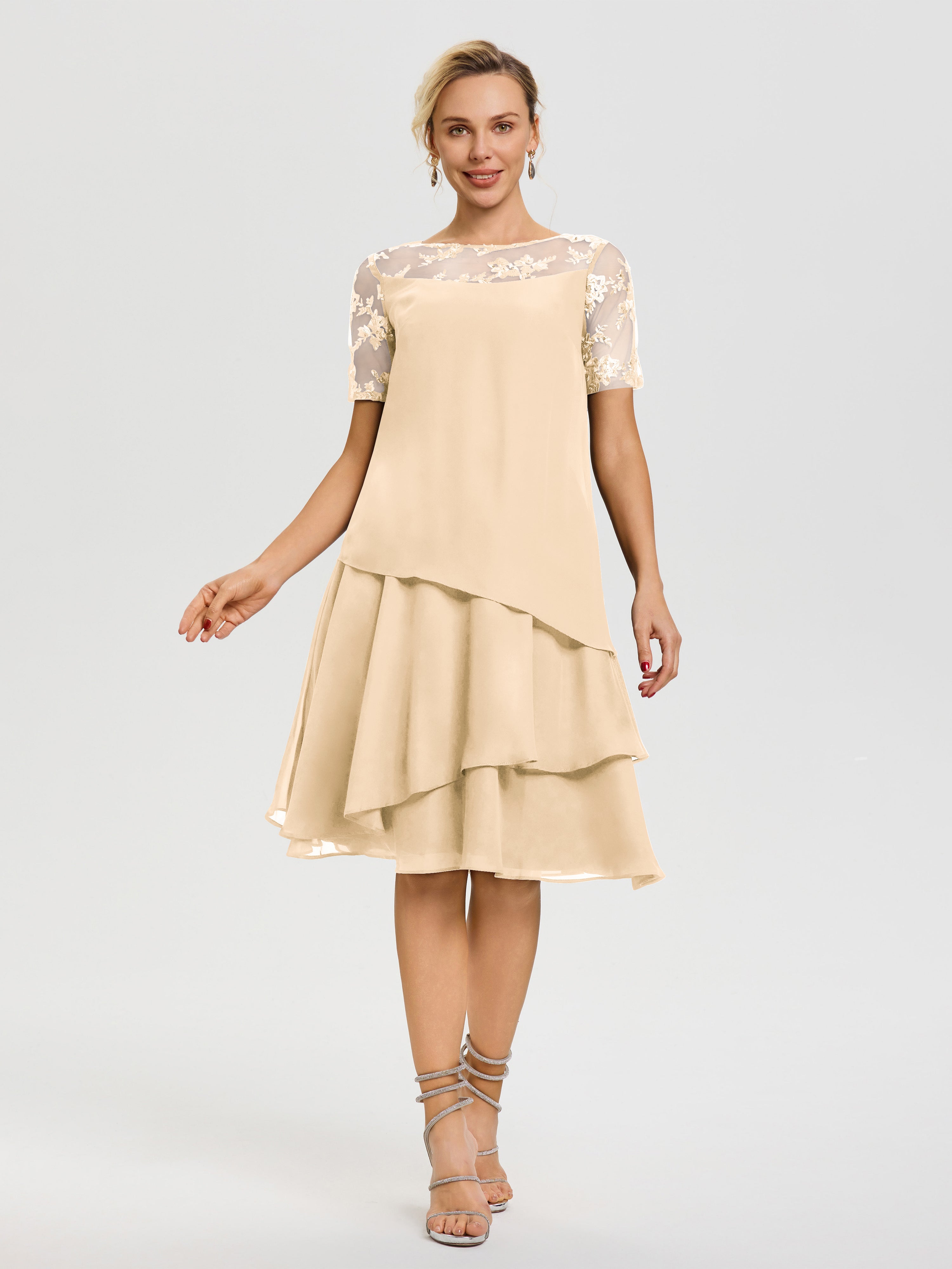 Peach Chiffon Mother of The Bride Dresses A Line Illusion Neck Short Sleeves Ruffles Chiffon Knee Length Mother of The Bride Dresses Peach Chiffon Mother of The Bride Dresses A Line Illusion Neck Short Sleeves Ruffles Chiffon Knee Length Mother of The Bride Dresses