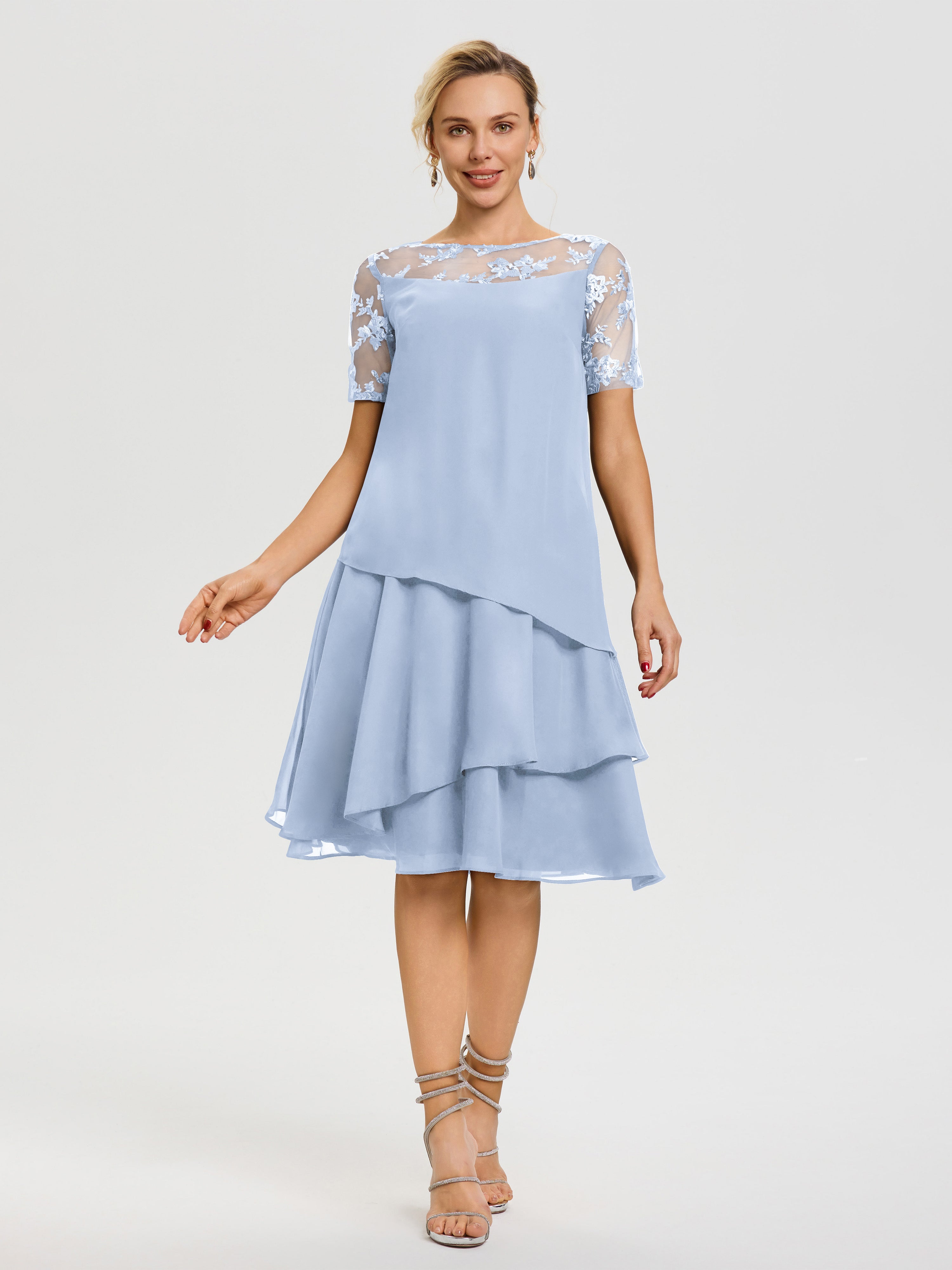 Sky Blue Mother Of The Bride Outfits A Line Illusion Neck Short Sleeves Ruffles Chiffon Knee Length Mother Of The Bride Dresses Sky Blue Mother Of The Bride Outfits A Line Illusion Neck Short Sleeves Ruffles Chiffon Knee Length Mother Of The Bride Dresses