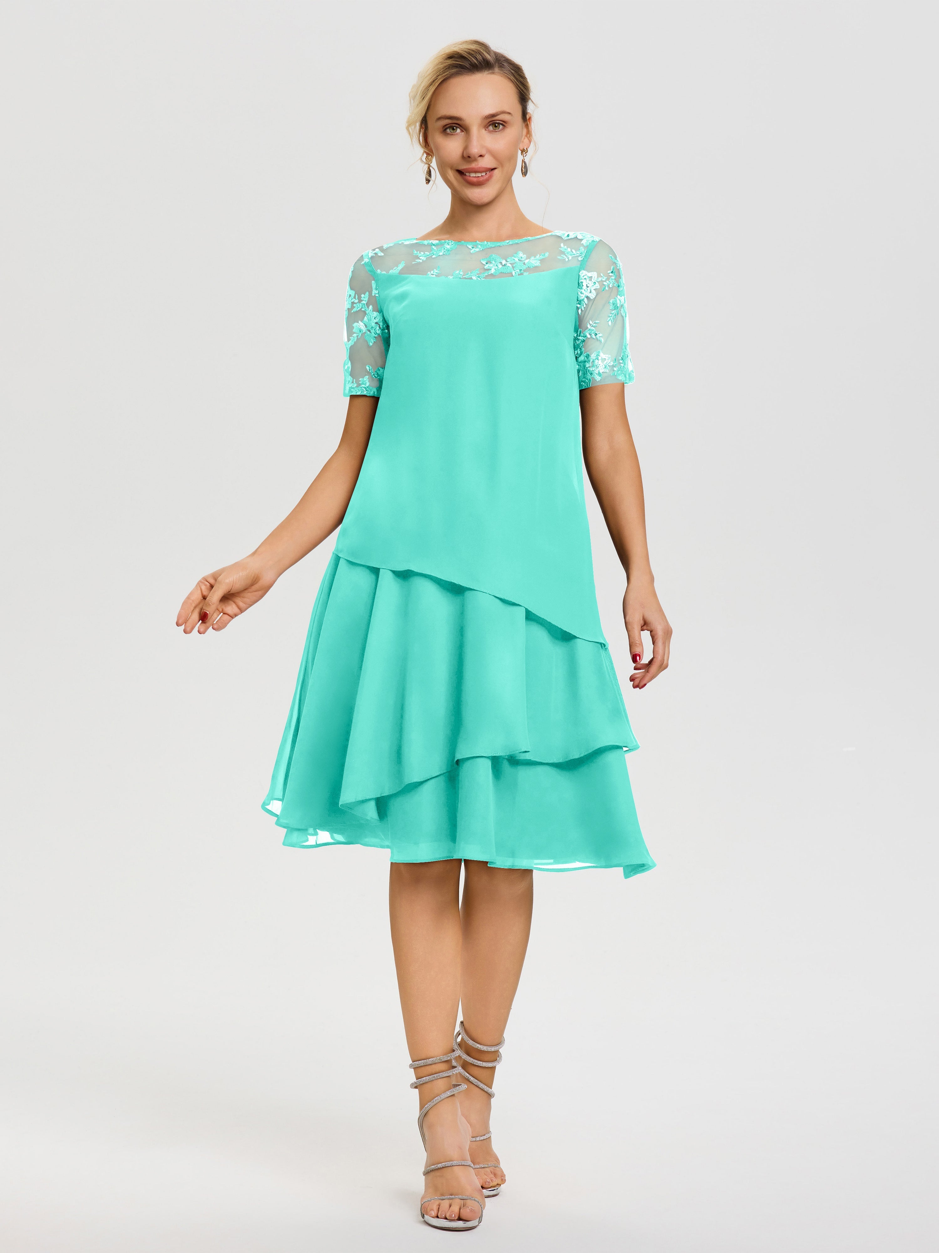 Spa Mother Of The Bride Dress A Line Illusion Neck Short Sleeves Ruffles Chiffon Knee Length Mother Of The Bride Dresses Spa Mother Of The Bride Dress A Line Illusion Neck Short Sleeves Ruffles Chiffon Knee Length Mother Of The Bride Dresses