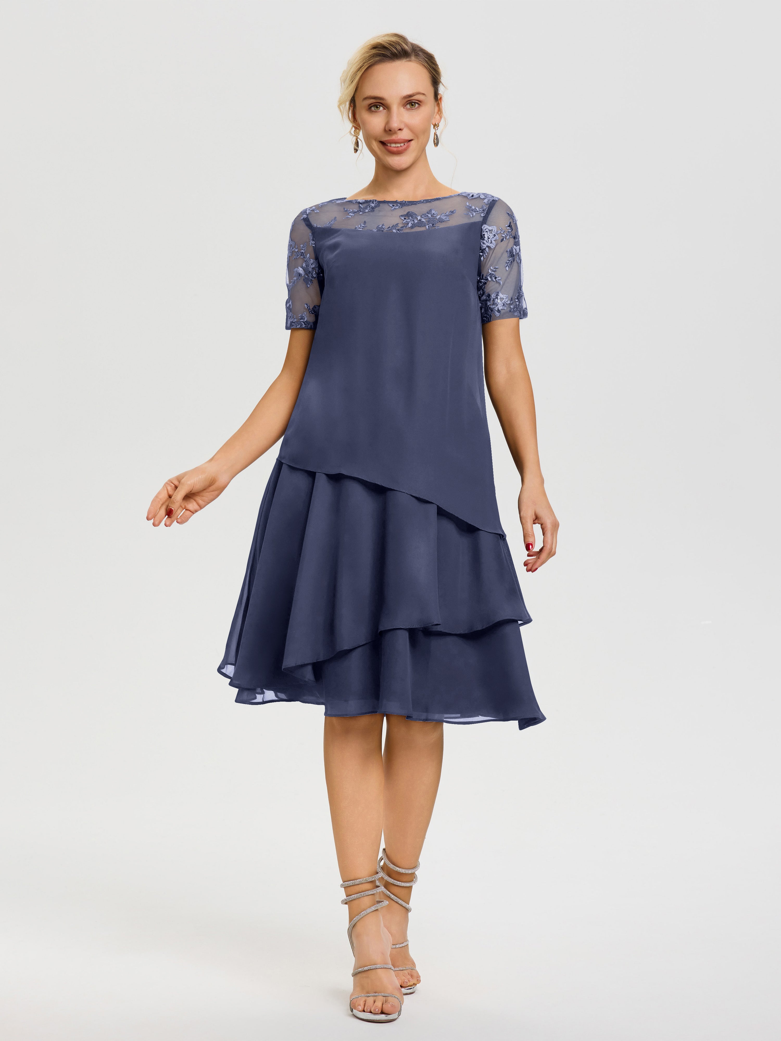 short a line mother of the bride dresses Dusty Blue Short Mother of the Bride Dresses with Jacket 2023 A-line Chiffon