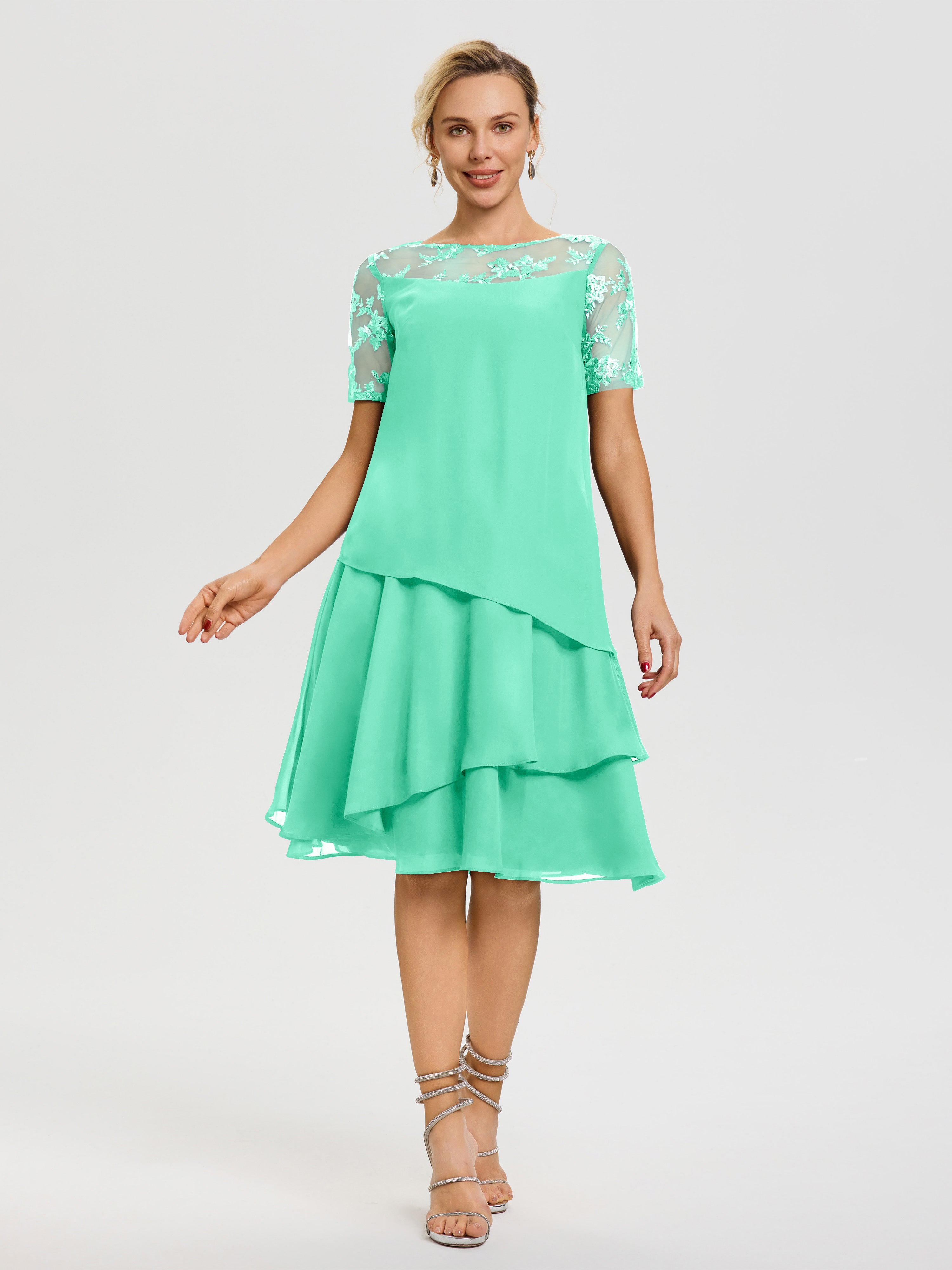 Mother Of The Bride Dress Turquoise A Line Illusion Neck Short Sleeves Ruffles Chiffon Knee Length Mother Of The Bride Dresses Mother Of The Bride Dress Turquoise A Line Illusion Neck Short Sleeves Ruffles Chiffon Knee Length Mother Of The Bride Dresses