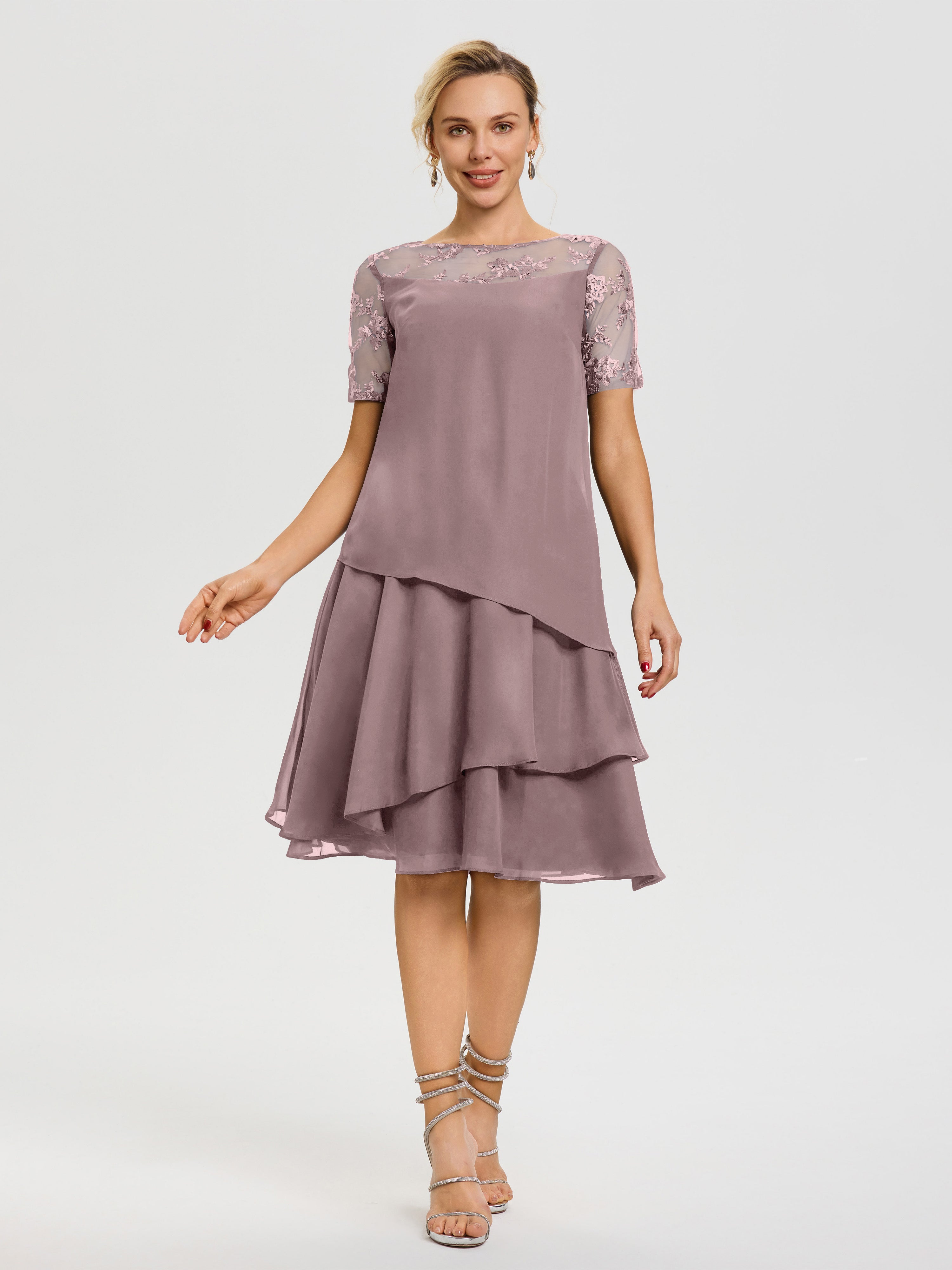 Rustic Vintage Mauve Mother Of The Bride Dresses A Line Illusion Neck Short Sleeves Ruffles Chiffon Knee Length Mother Of The Bride Dresses Rustic Vintage Mauve Mother Of The Bride Dresses A Line Illusion Neck Short Sleeves Ruffles Chiffon Knee Length Mother Of The Bride Dresses