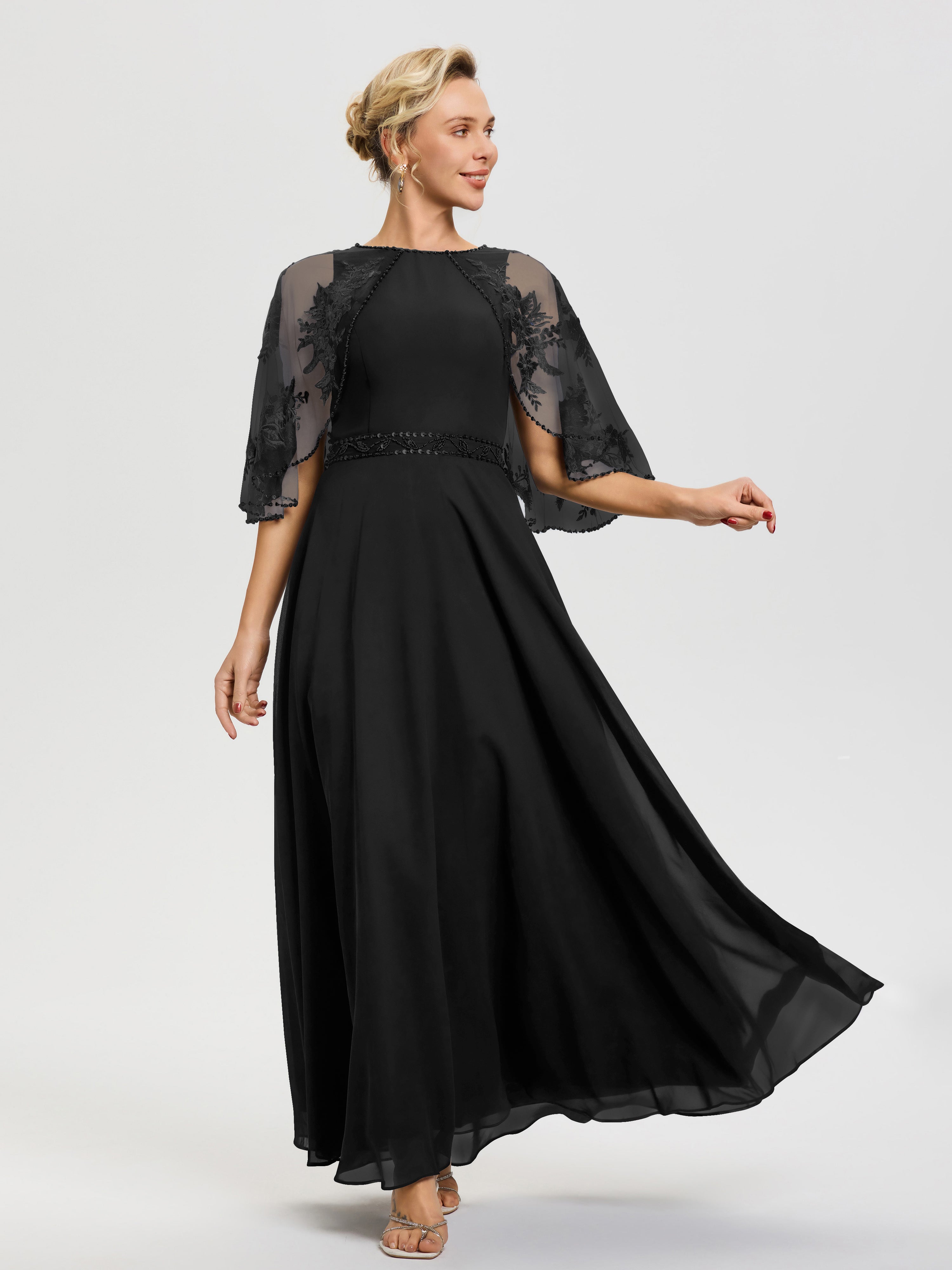 Mother Of The Bride Black Dresses Plus Size Beaded Cape-Sleeve Jewel Neck Chiffon Maxi Mother Of The Bride Dresses Mother Of The Bride Black Dresses Plus Size Beaded Cape-Sleeve Jewel Neck Chiffon Maxi Mother Of The Bride Dresses