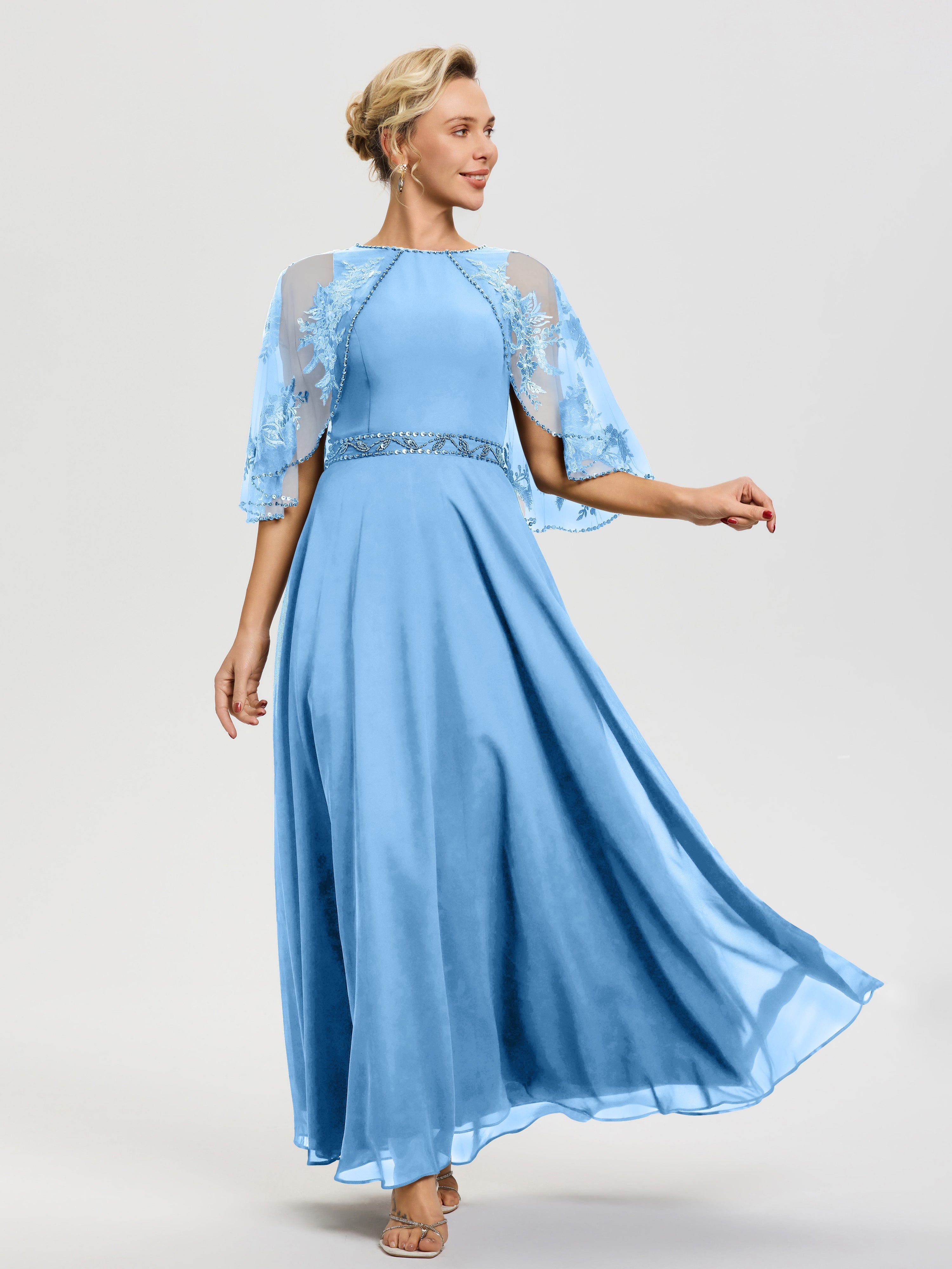 Blue Mother Of The Bride Dress With Cape Beaded Cape-Sleeve Jewel Neck Chiffon Maxi Mother Of The Bride Dresses Blue Mother Of The Bride Dress With Cape Beaded Cape-Sleeve Jewel Neck Chiffon Maxi Mother Of The Bride Dresses