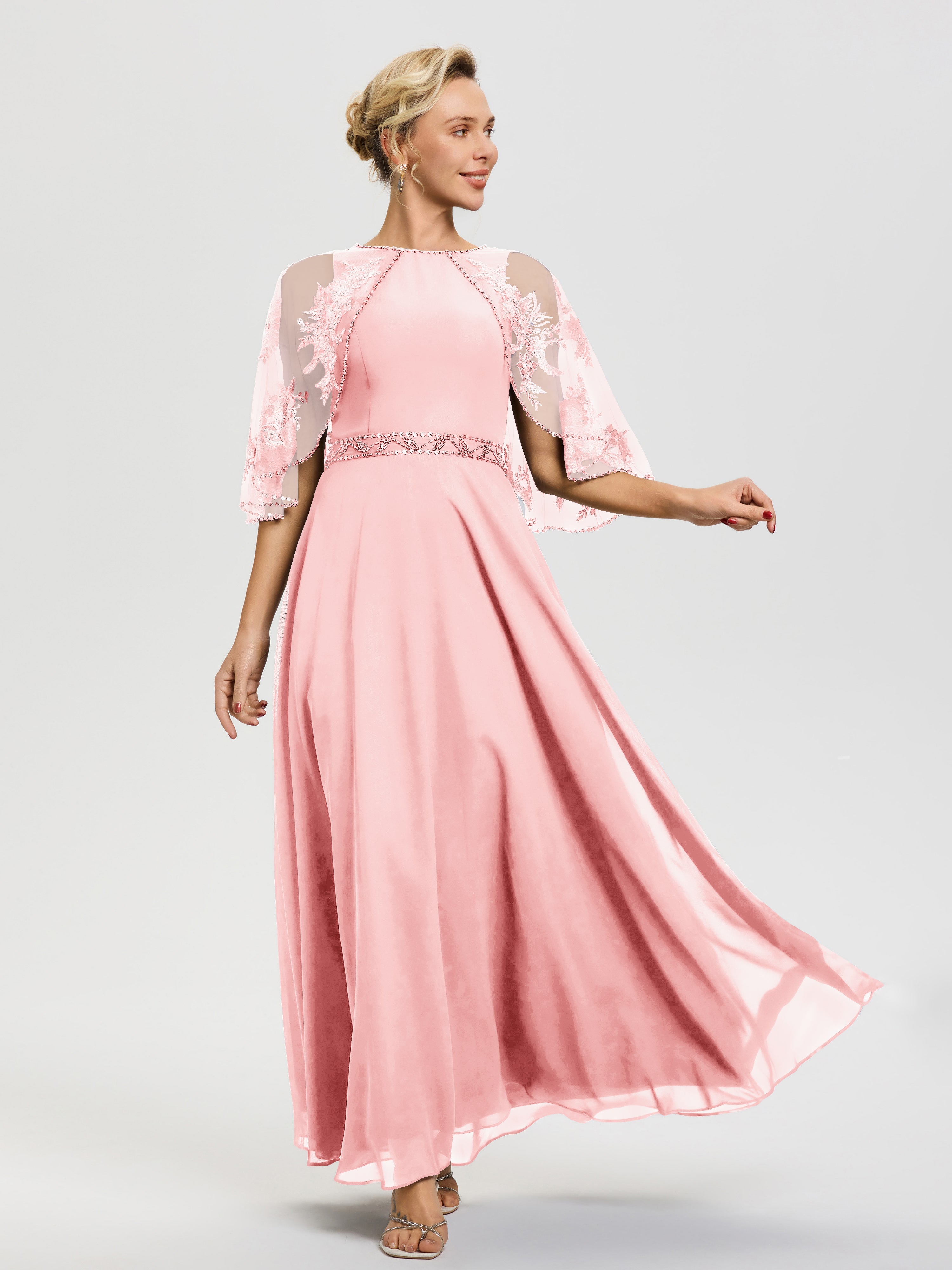 Mother Of The Bride Dresses In Blush Beaded Cape-Sleeve Jewel Neck Chiffon Maxi Mother Of The Bride Dresses Mother Of The Bride Dresses In Blush Beaded Cape-Sleeve Jewel Neck Chiffon Maxi Mother Of The Bride Dresses