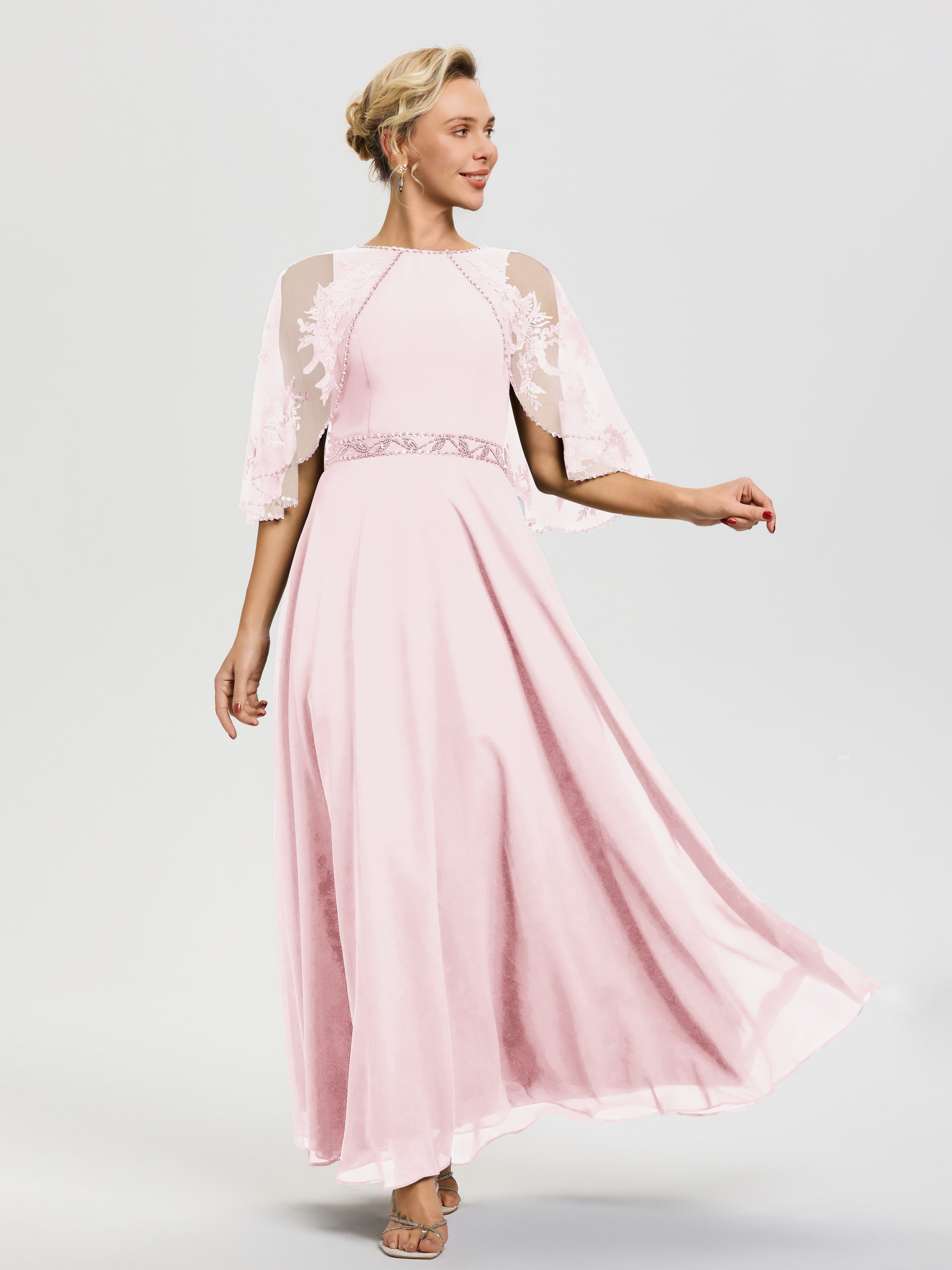 Mother Of The Bride Dresses In Blush Pink Beaded Cape-Sleeve Jewel Neck Chiffon Maxi Mother Of The Bride Dresses Mother Of The Bride Dresses In Blush Pink Beaded Cape-Sleeve Jewel Neck Chiffon Maxi Mother Of The Bride Dresses
