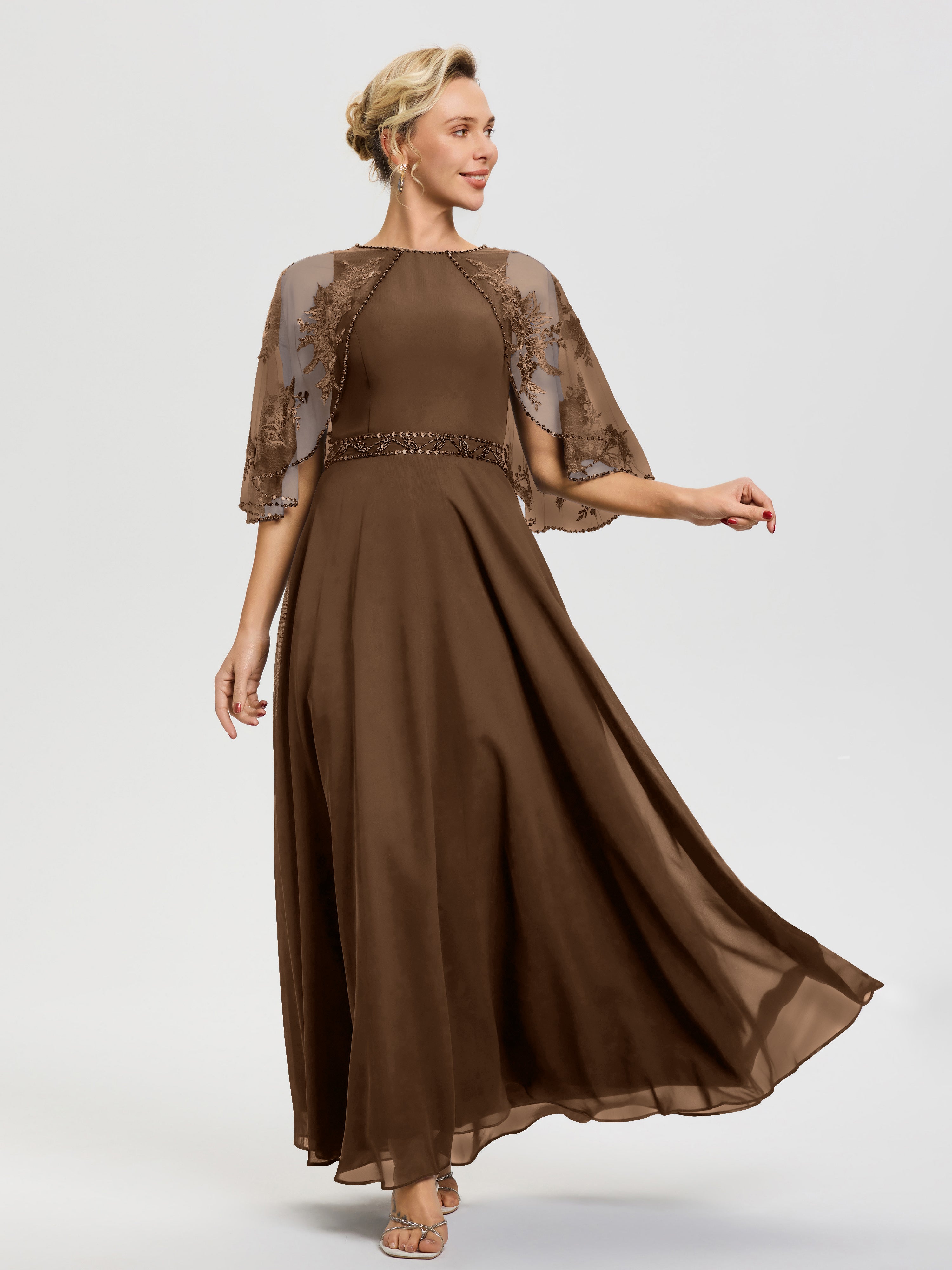 Mother Of The Bride Brown Dress Beaded Cape-Sleeve Jewel Neck Chiffon Maxi Mother Of The Bride Dresses Mother Of The Bride Brown Dress Beaded Cape-Sleeve Jewel Neck Chiffon Maxi Mother Of The Bride Dresses