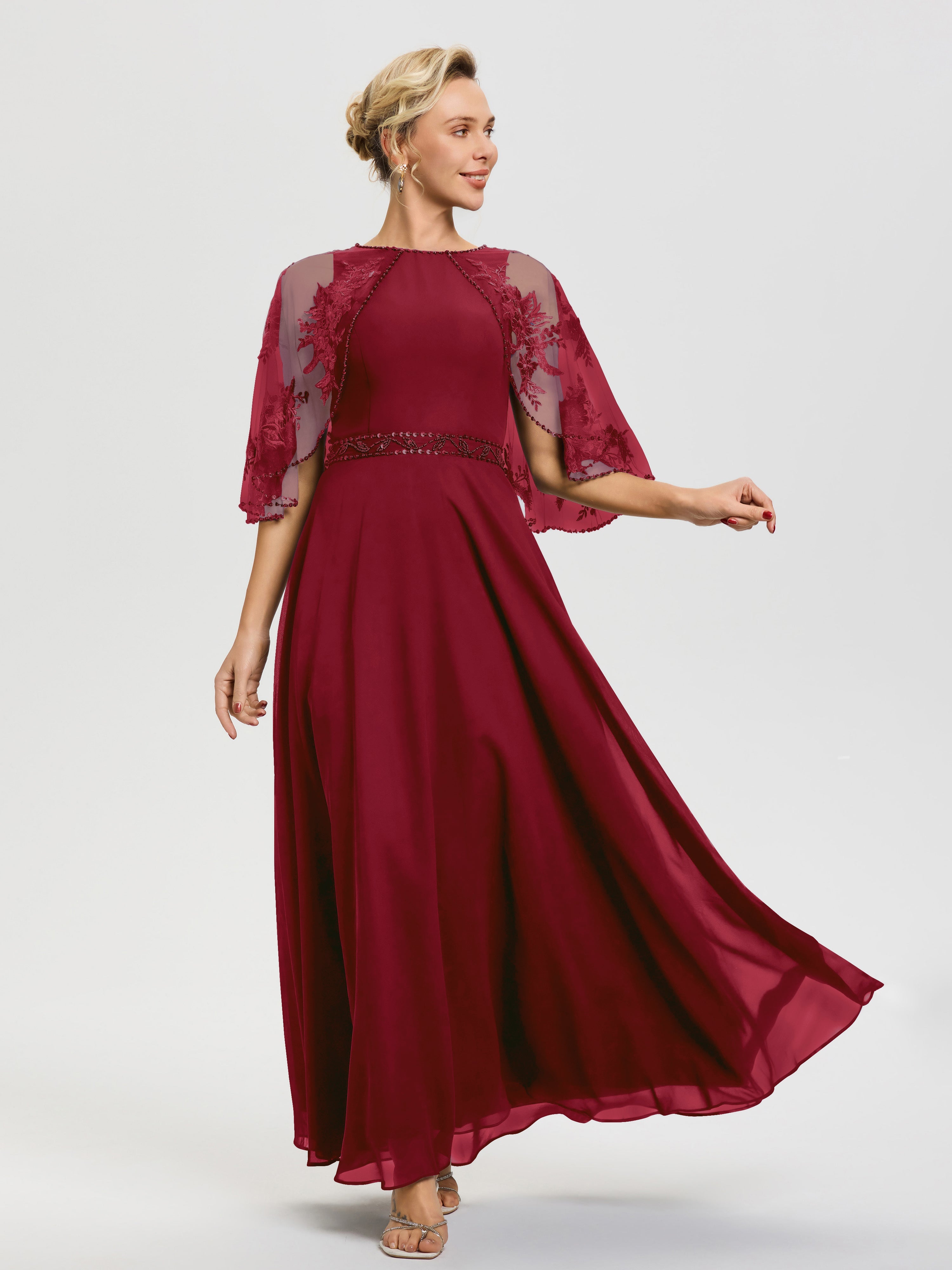 Burgundy Mother Of The Bride Dresses Plus Size Beaded Cape-Sleeve Jewel Neck Chiffon Maxi Mother Of The Bride Dresses Burgundy Mother Of The Bride Dresses Plus Size Beaded Cape-Sleeve Jewel Neck Chiffon Maxi Mother Of The Bride Dresses