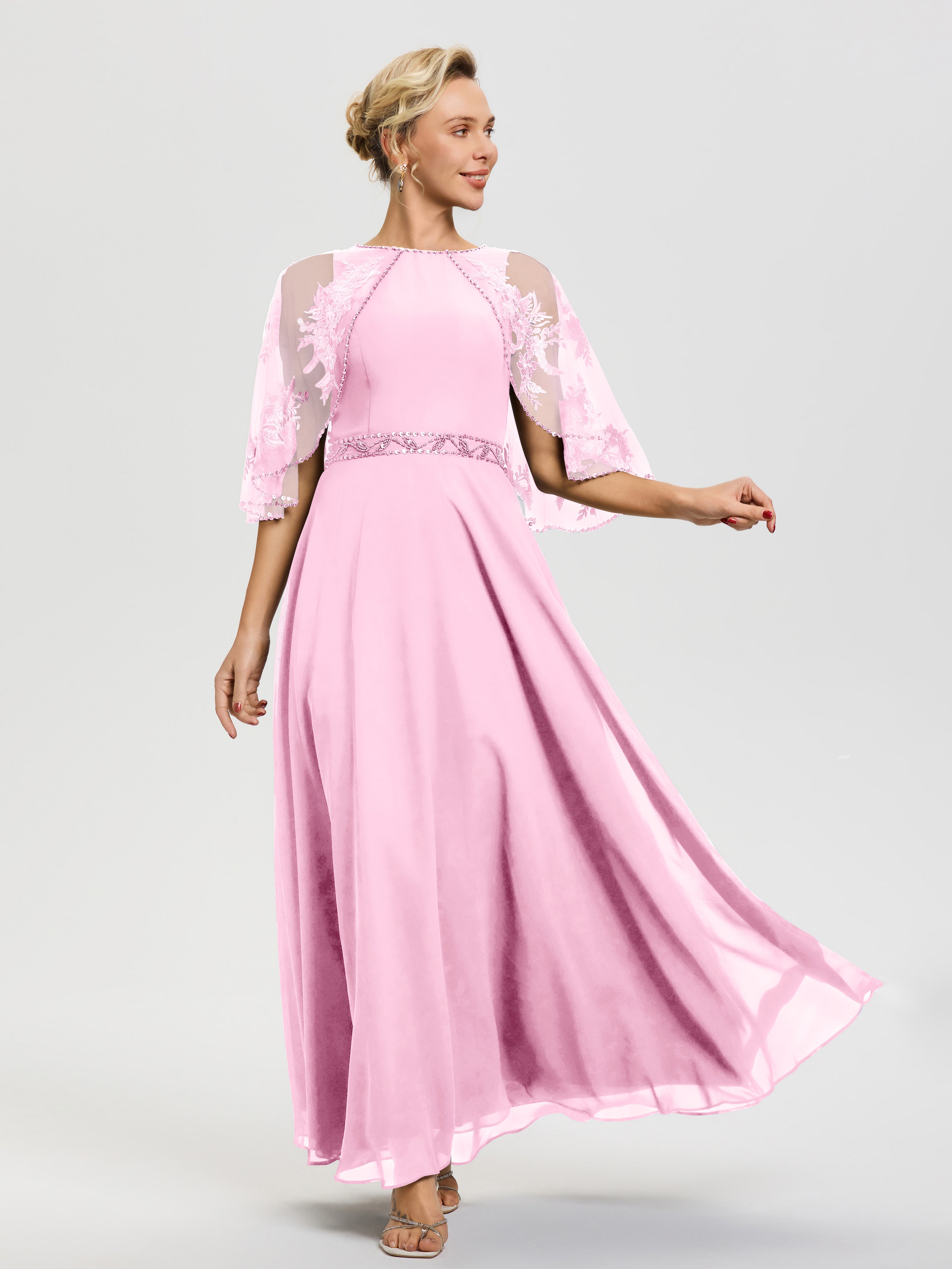 Candy Pink Mother Of The Bride Dresses Beaded Cape-Sleeve Jewel Neck Chiffon Maxi Mother Of The Bride Dresses Candy Pink Mother Of The Bride Dresses Beaded Cape-Sleeve Jewel Neck Chiffon Maxi Mother Of The Bride Dresses