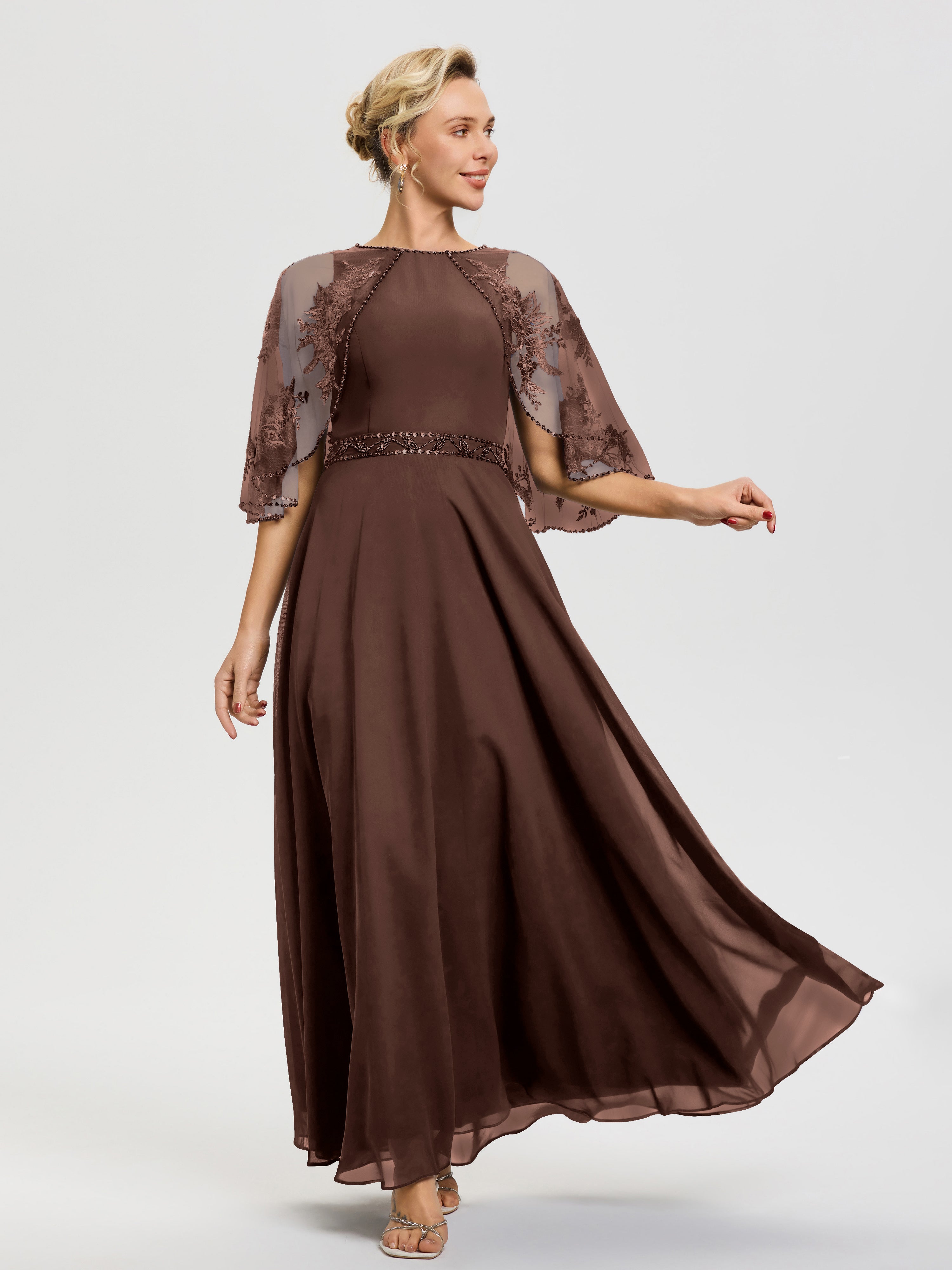 Chocolate Mother Of The Bride Dress Beaded Cape-Sleeve Jewel Neck Chiffon Maxi Mother Of The Bride Dresses Chocolate Mother Of The Bride Dress Beaded Cape-Sleeve Jewel Neck Chiffon Maxi Mother Of The Bride Dresses