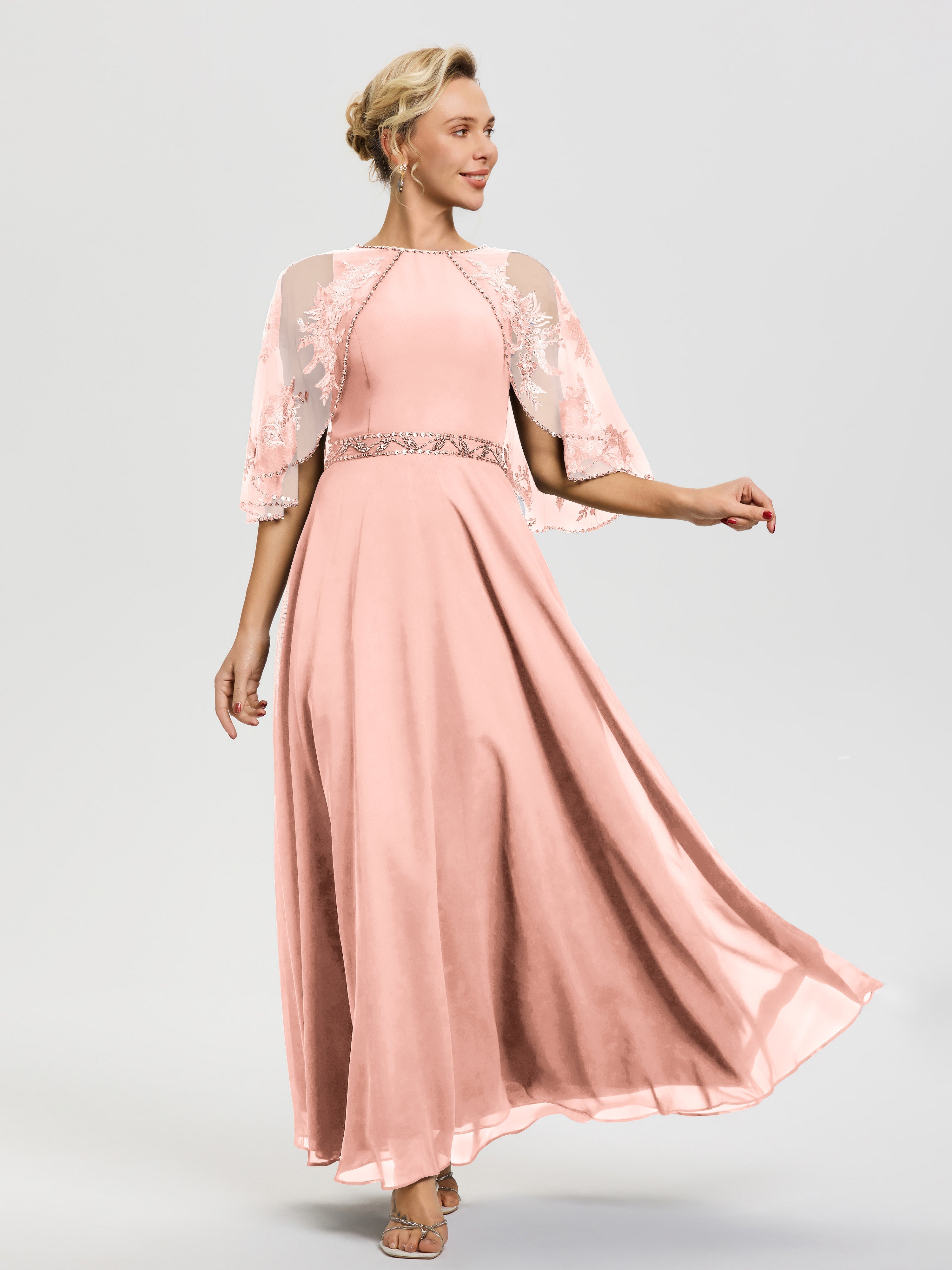 Mother of The Bride Coral Beaded Cape-Sleeve Jewel Neck Chiffon Maxi Mother of The Bride Dresses Mother of The Bride Coral Beaded Cape-Sleeve Jewel Neck Chiffon Maxi Mother of The Bride Dresses