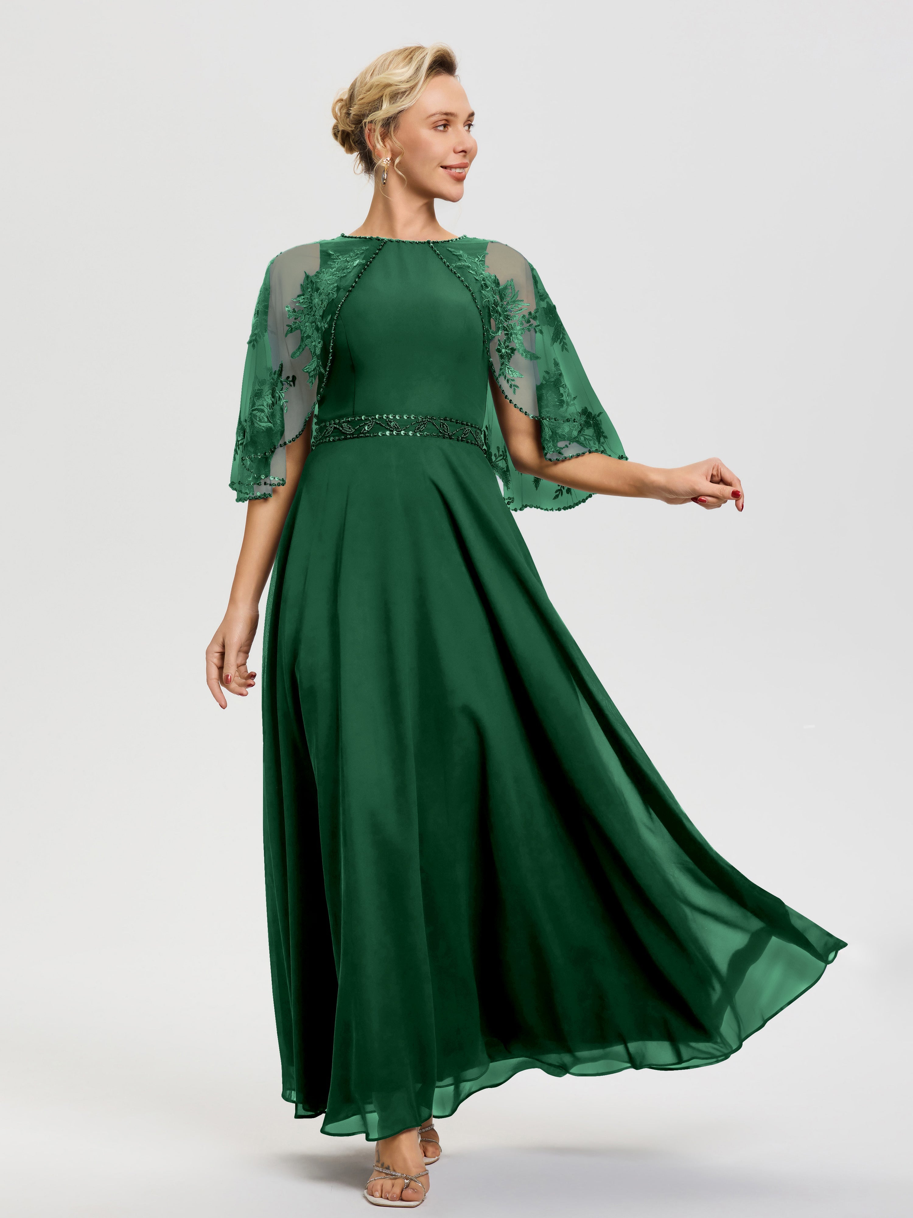 Dark Olive Green Mother Of The Bride Dress Beaded Cape-Sleeve Jewel Neck Chiffon Maxi Mother Of The Bride Dresses Dark Olive Green Mother Of The Bride Dress Beaded Cape-Sleeve Jewel Neck Chiffon Maxi Mother Of The Bride Dresses