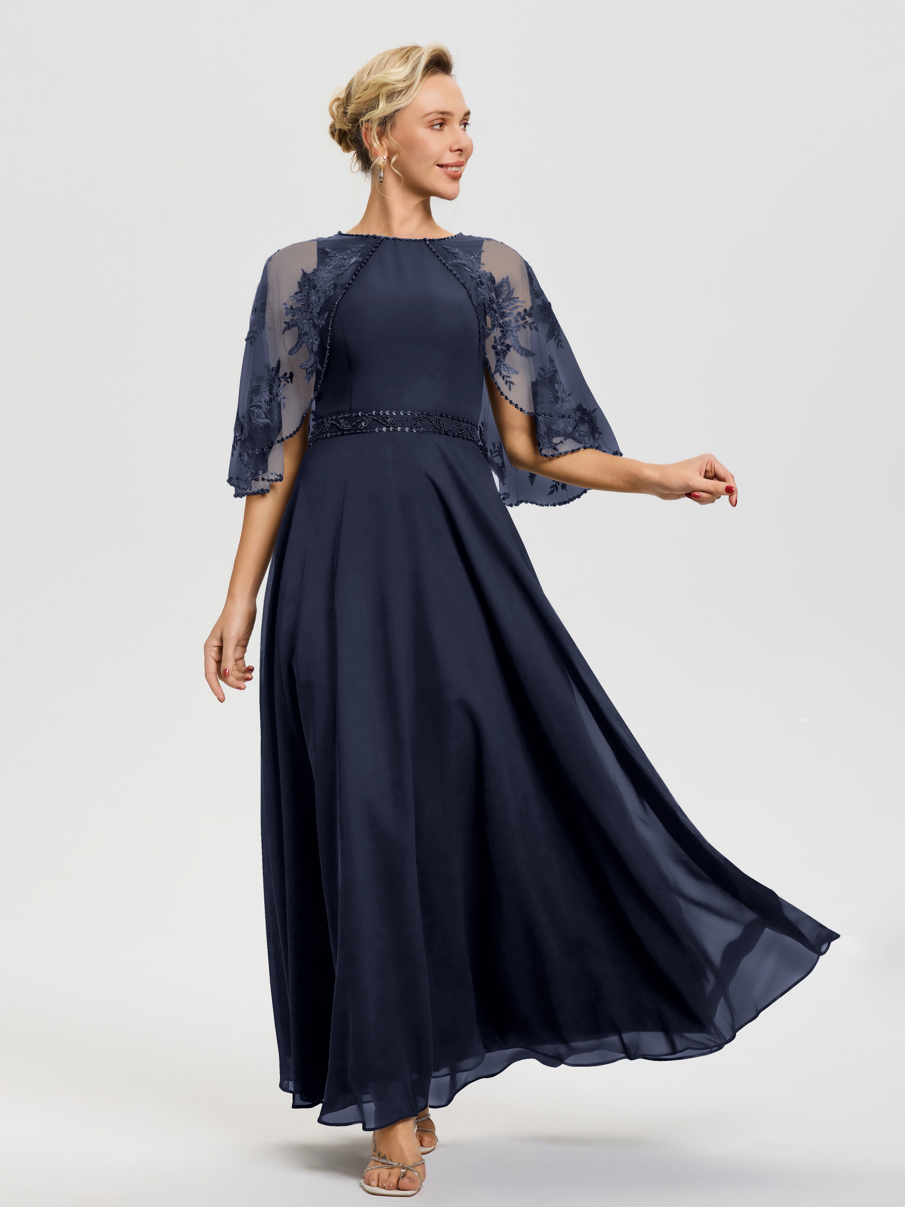 Mother Of The Bride Dark Navy Beaded Cape-Sleeve Jewel Neck Chiffon Ma Mother Of The Bride Dark Navy Beaded Cape-Sleeve Jewel Neck Chiffon Ma
