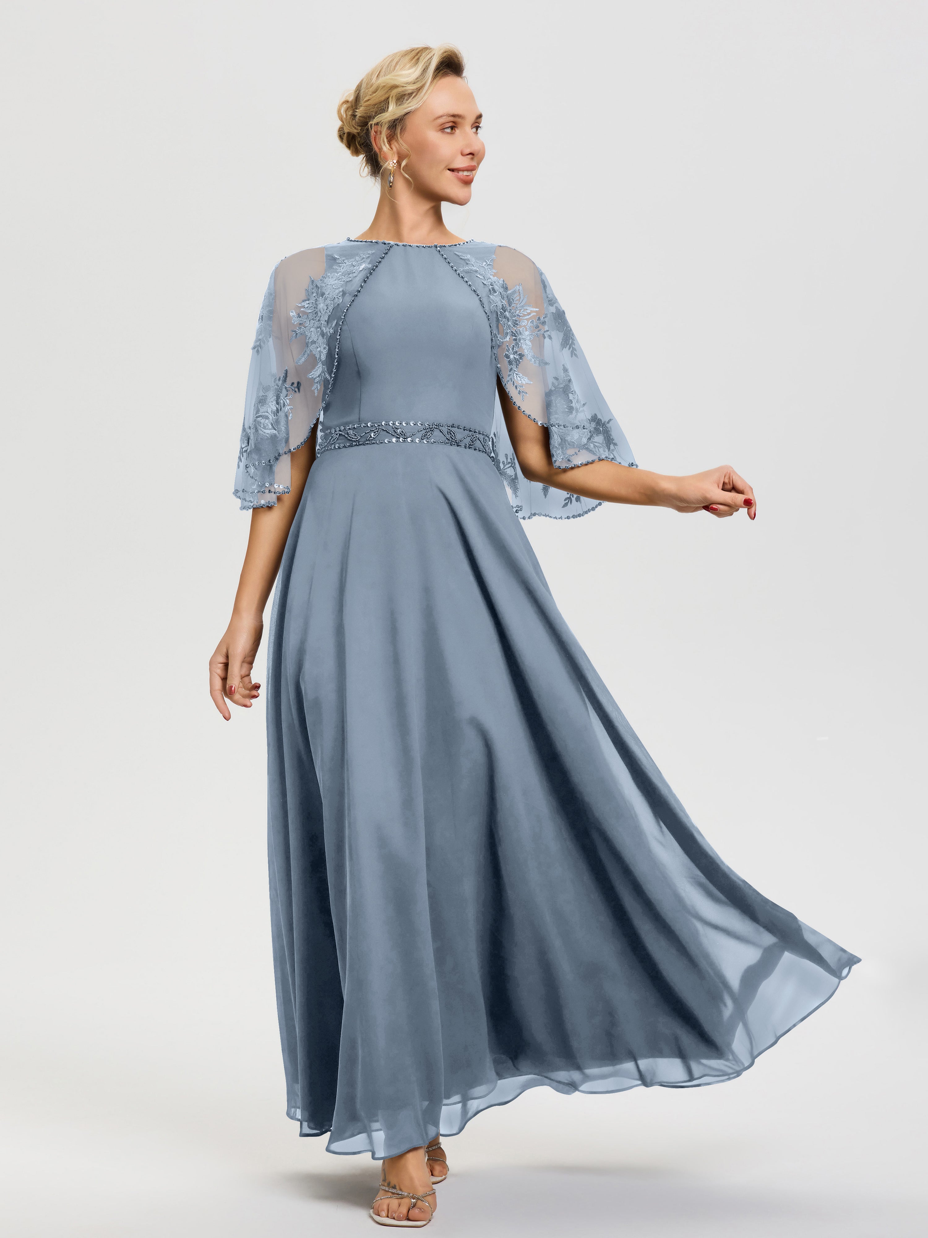 Mother Of The Bride Dusty Blue Dress Beaded Cape-Sleeve Jewel Neck Chi Mother Of The Bride Dusty Blue Dress Beaded Cape-Sleeve Jewel Neck Chi