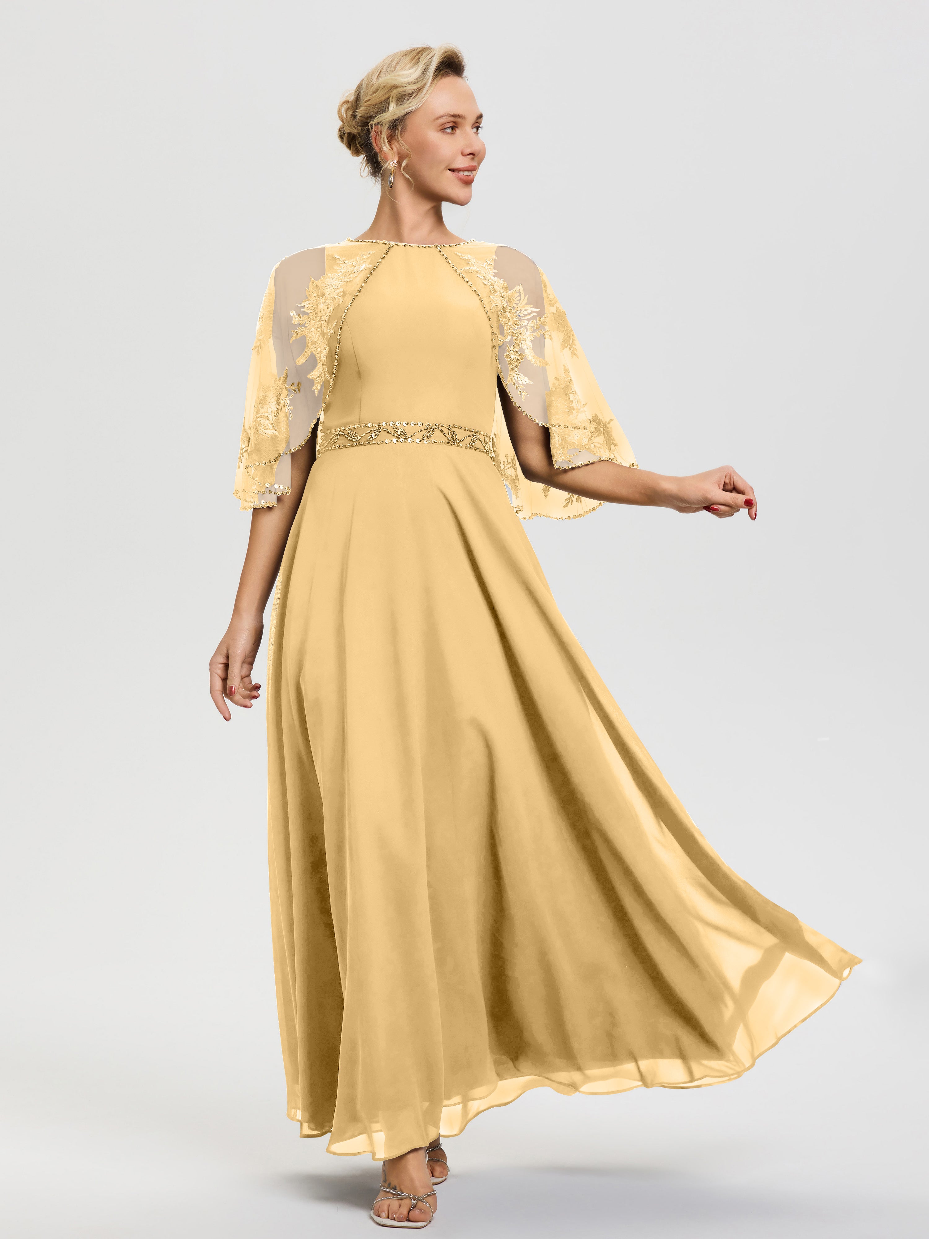 Mother of The Bride Dress Gold Beaded Cape-Sleeve Jewel Neck Chiffon Maxi Mother of The Bride Dresses Mother of The Bride Dress Gold Beaded Cape-Sleeve Jewel Neck Chiffon Maxi Mother of The Bride Dresses