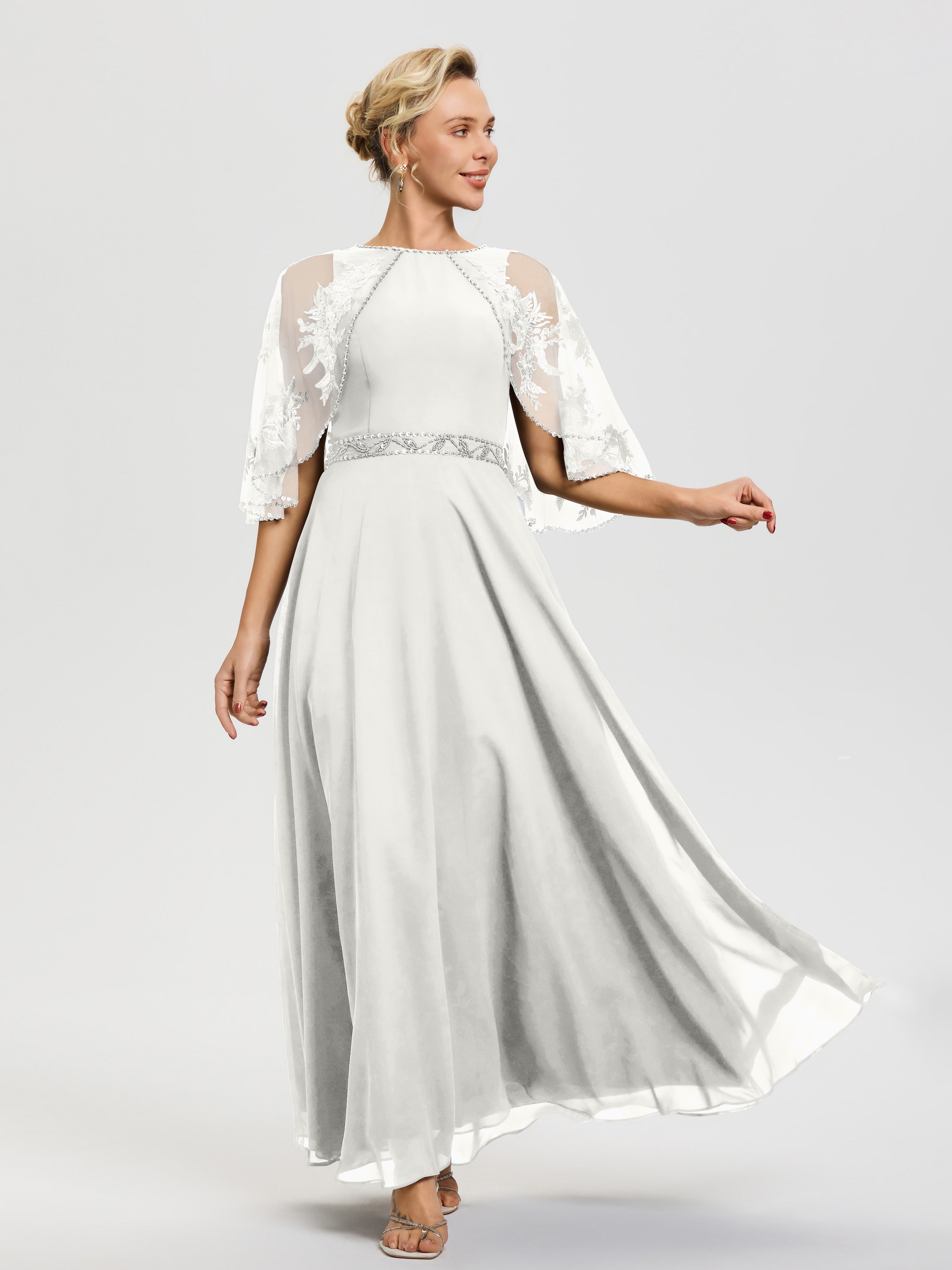 Ivory Chiffon Mother Bride Dress Beaded Cape-Sleeve Jewel Neck Chiffon