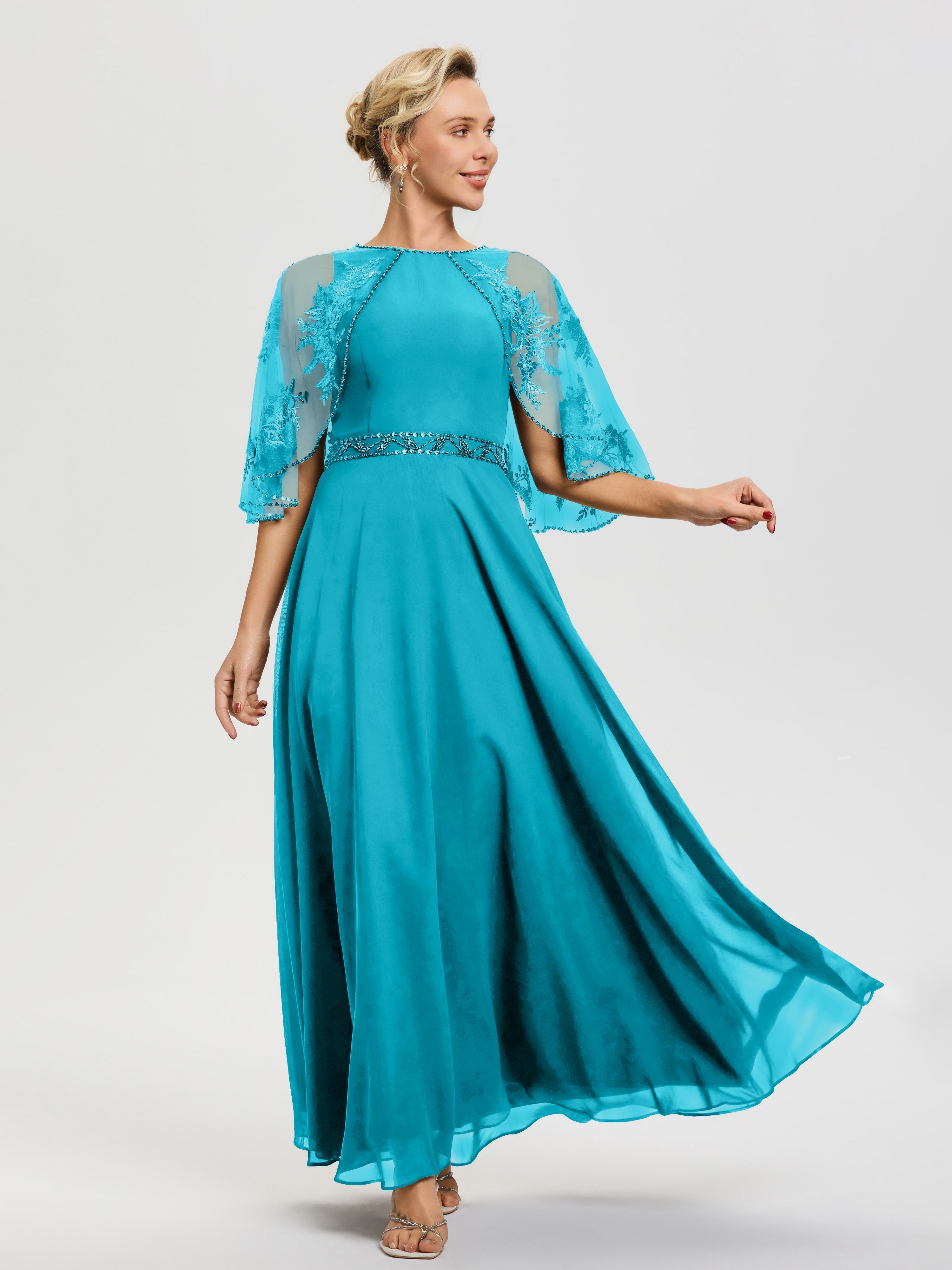 Jade Mother Of The Bride Dress Beaded Cape-Sleeve Jewel Neck Chiffon Maxi Mother Of The Bride Dresses Jade Mother Of The Bride Dress Beaded Cape-Sleeve Jewel Neck Chiffon Maxi Mother Of The Bride Dresses