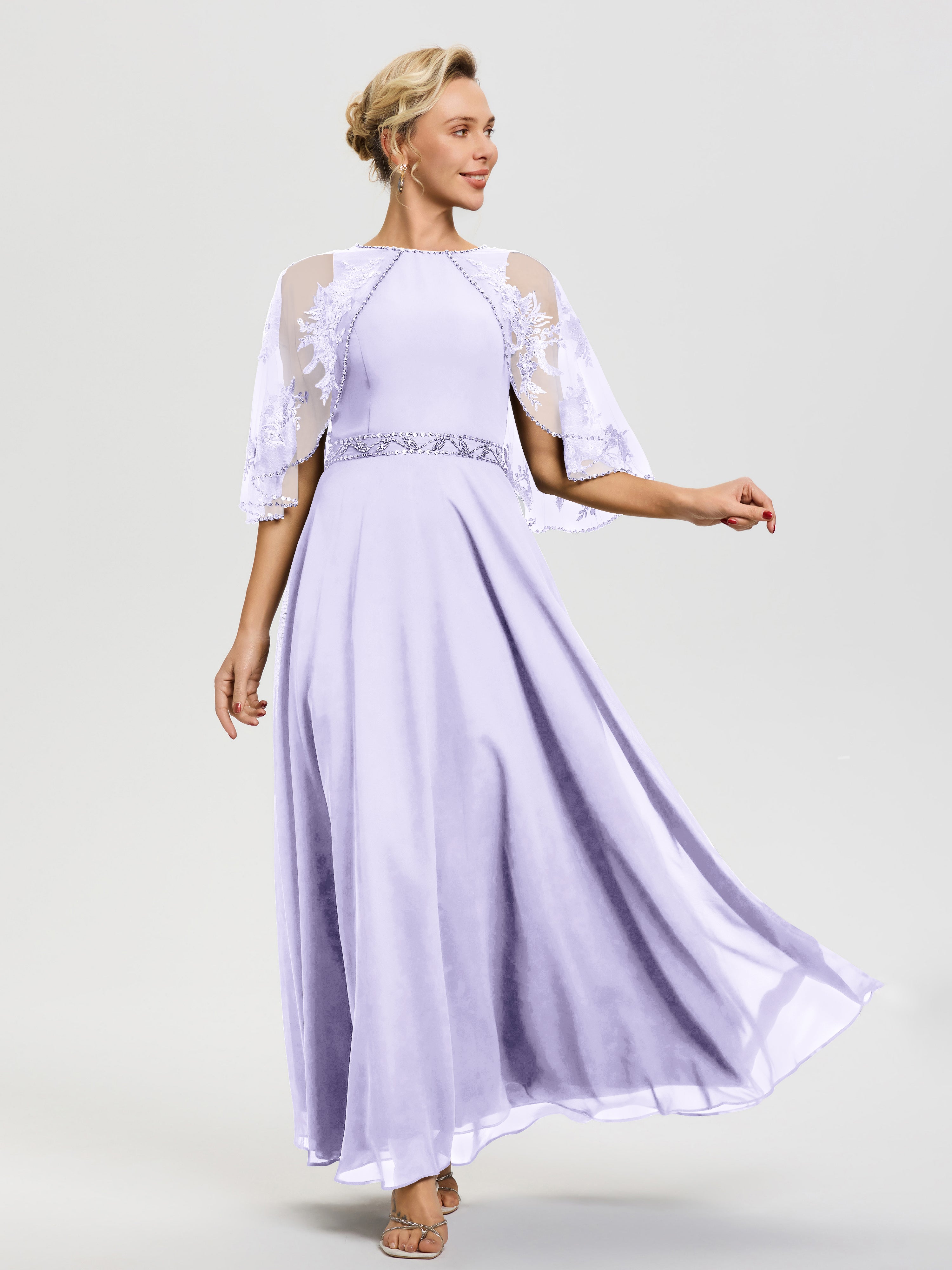 Mother Of The Bride Dress Lilac Beaded Cape-Sleeve Jewel Neck Chiffon Mother Of The Bride Dress Lilac Beaded Cape-Sleeve Jewel Neck Chiffon