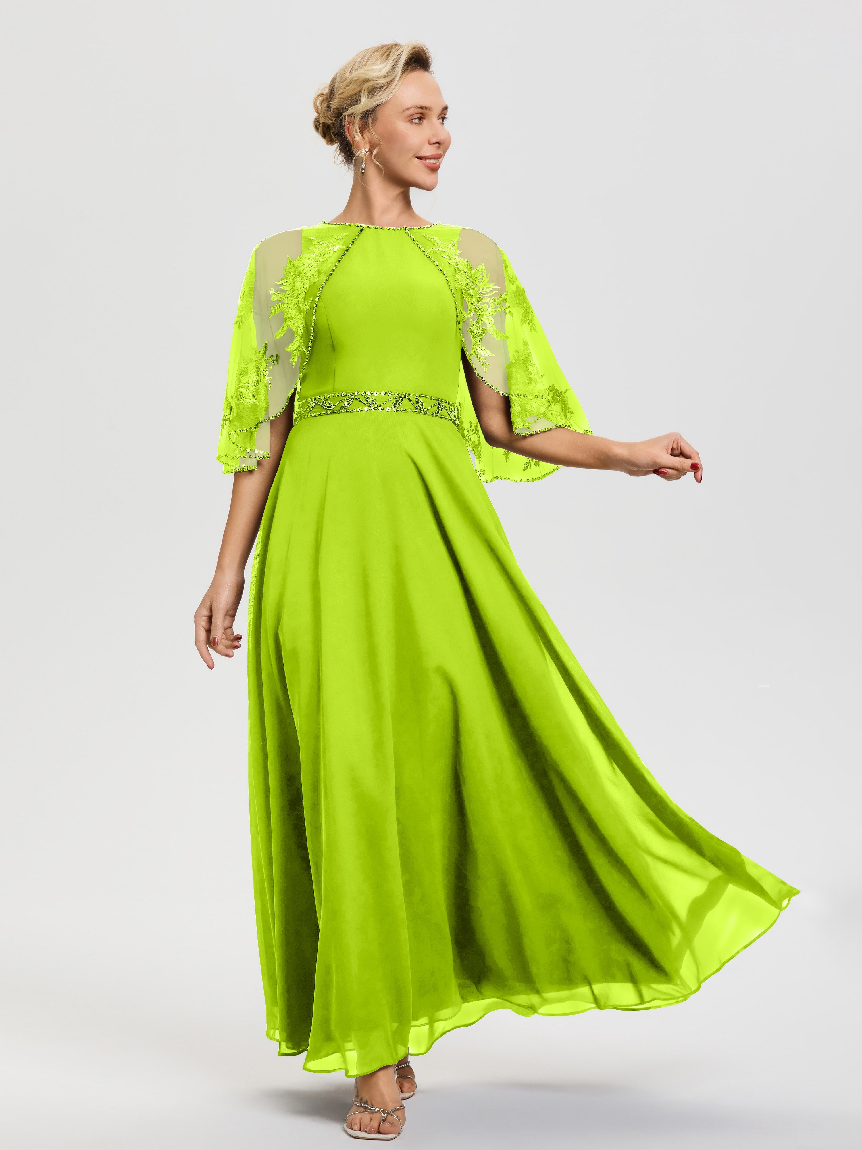 Lime Green Mother of The Bride Dress Beaded Cape-Sleeve Jewel Neck Chiffon Maxi Mother of The Bride Dresses Lime Green Mother of The Bride Dress Beaded Cape-Sleeve Jewel Neck Chiffon Maxi Mother of The Bride Dresses