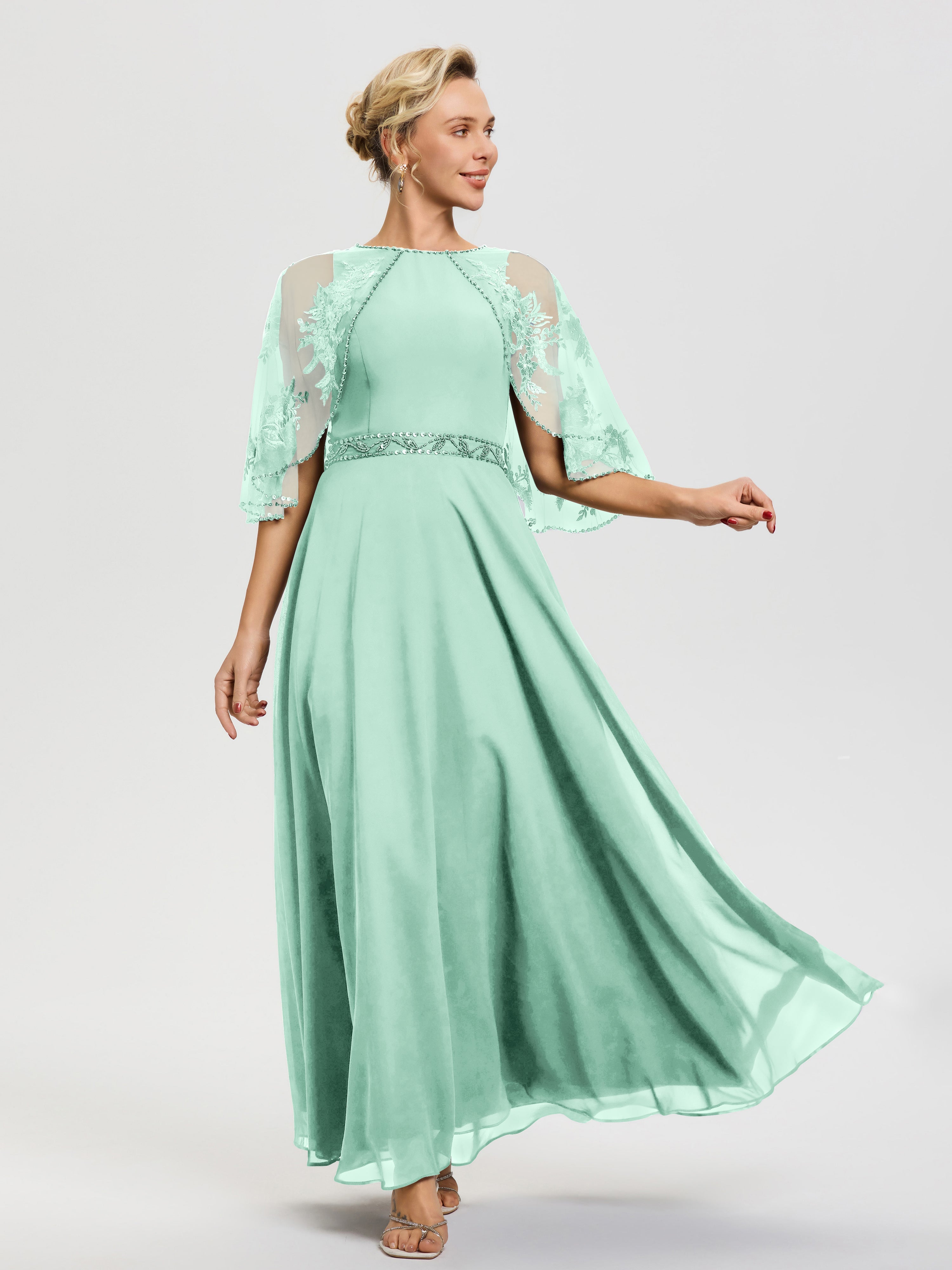 Mint Green Mother Of The Bride Dress Beaded Cape-Sleeve Jewel Neck Chiffon Maxi Mother Of The Bride Dresses Mint Green Mother Of The Bride Dress Beaded Cape-Sleeve Jewel Neck Chiffon Maxi Mother Of The Bride Dresses