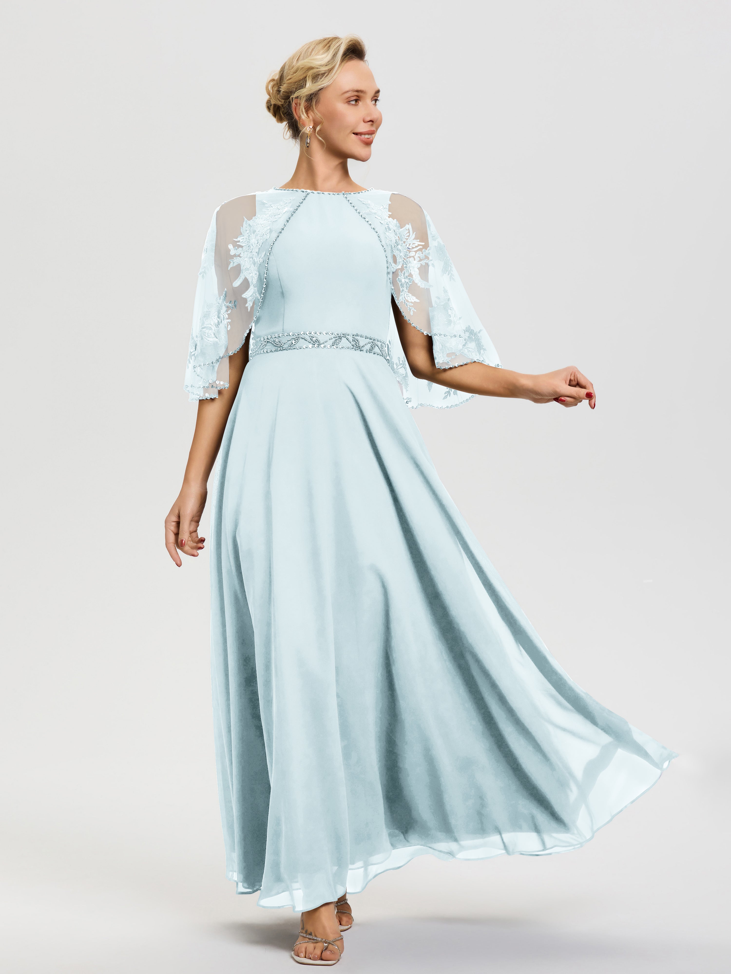 Light Mist Mother Of The Bride Dresses Beaded Cape-Sleeve Jewel Neck Chiffon Maxi Mother Of The Bride Dresses Light Mist Mother Of The Bride Dresses Beaded Cape-Sleeve Jewel Neck Chiffon Maxi Mother Of The Bride Dresses