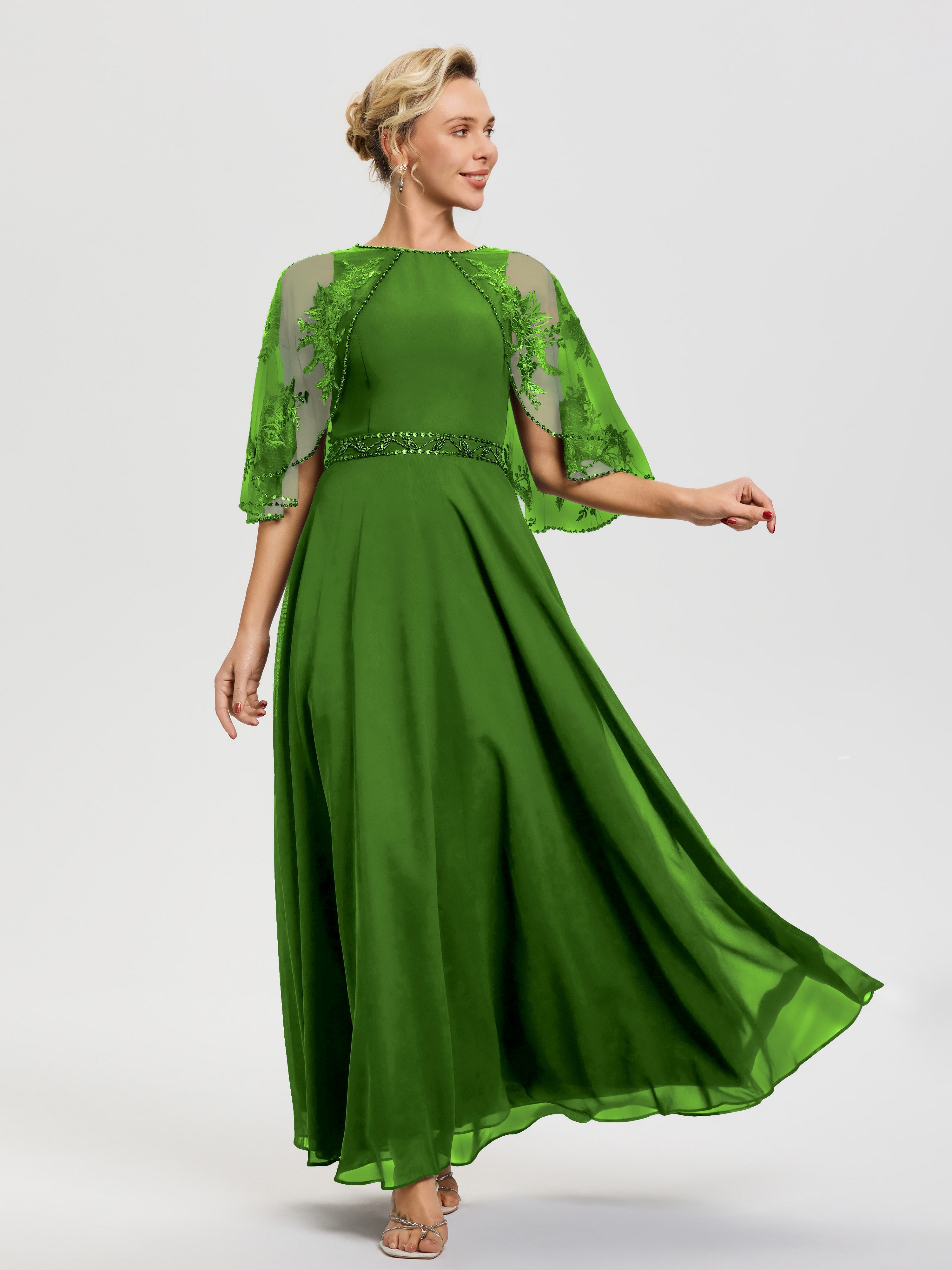 Mother Of The Bride Moss Outfits Beaded Cape-Sleeve Jewel Neck Chiffon Maxi Mother Of The Bride Dresses Mother Of The Bride Moss Outfits Beaded Cape-Sleeve Jewel Neck Chiffon Maxi Mother Of The Bride Dresses