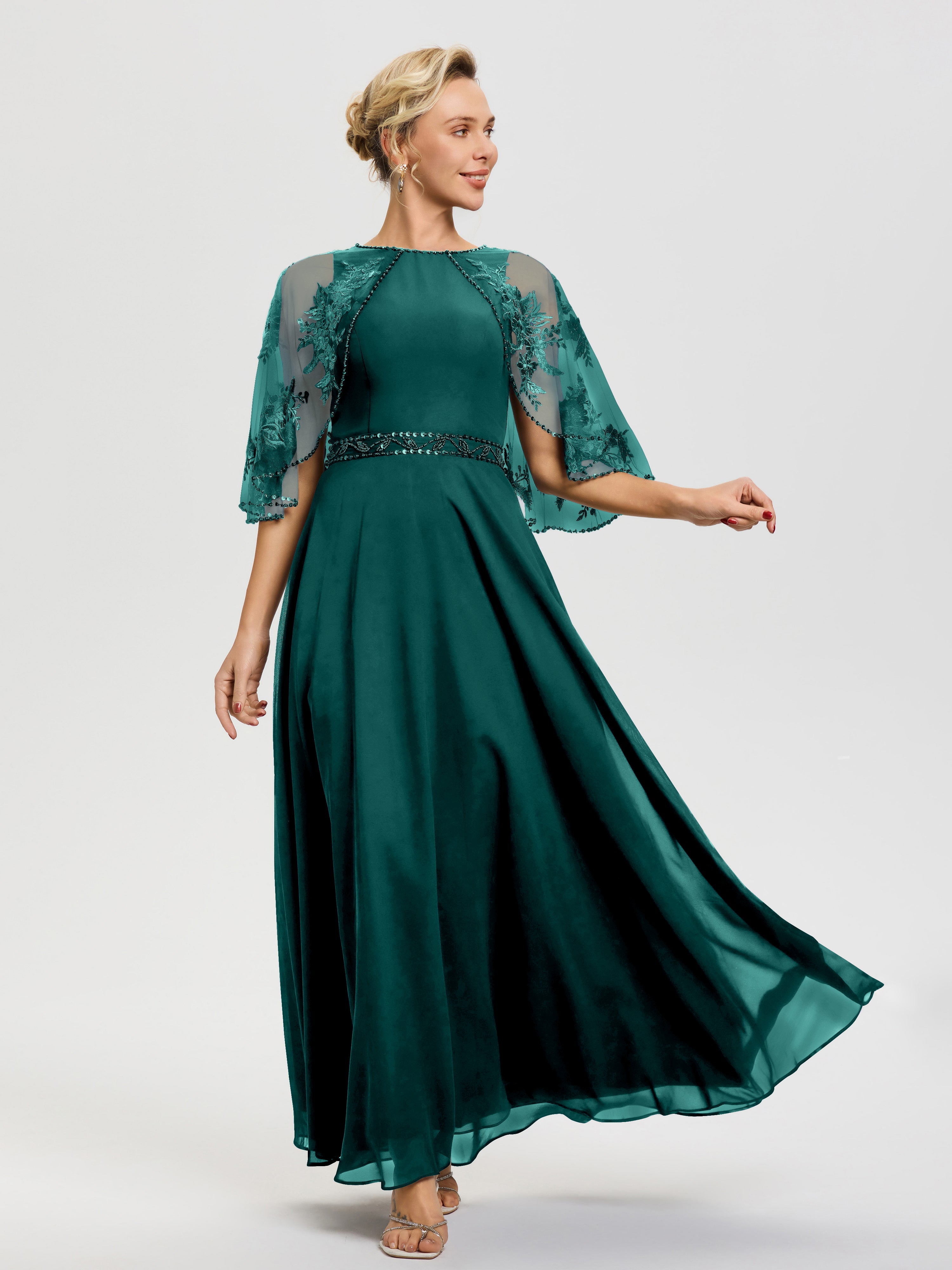 Peacock Blue Mother Of The Bride Dresses Beaded Cape-Sleeve Jewel Neck Chiffon Maxi Mother Of The Bride Dresses Peacock Blue Mother Of The Bride Dresses Beaded Cape-Sleeve Jewel Neck Chiffon Maxi Mother Of The Bride Dresses