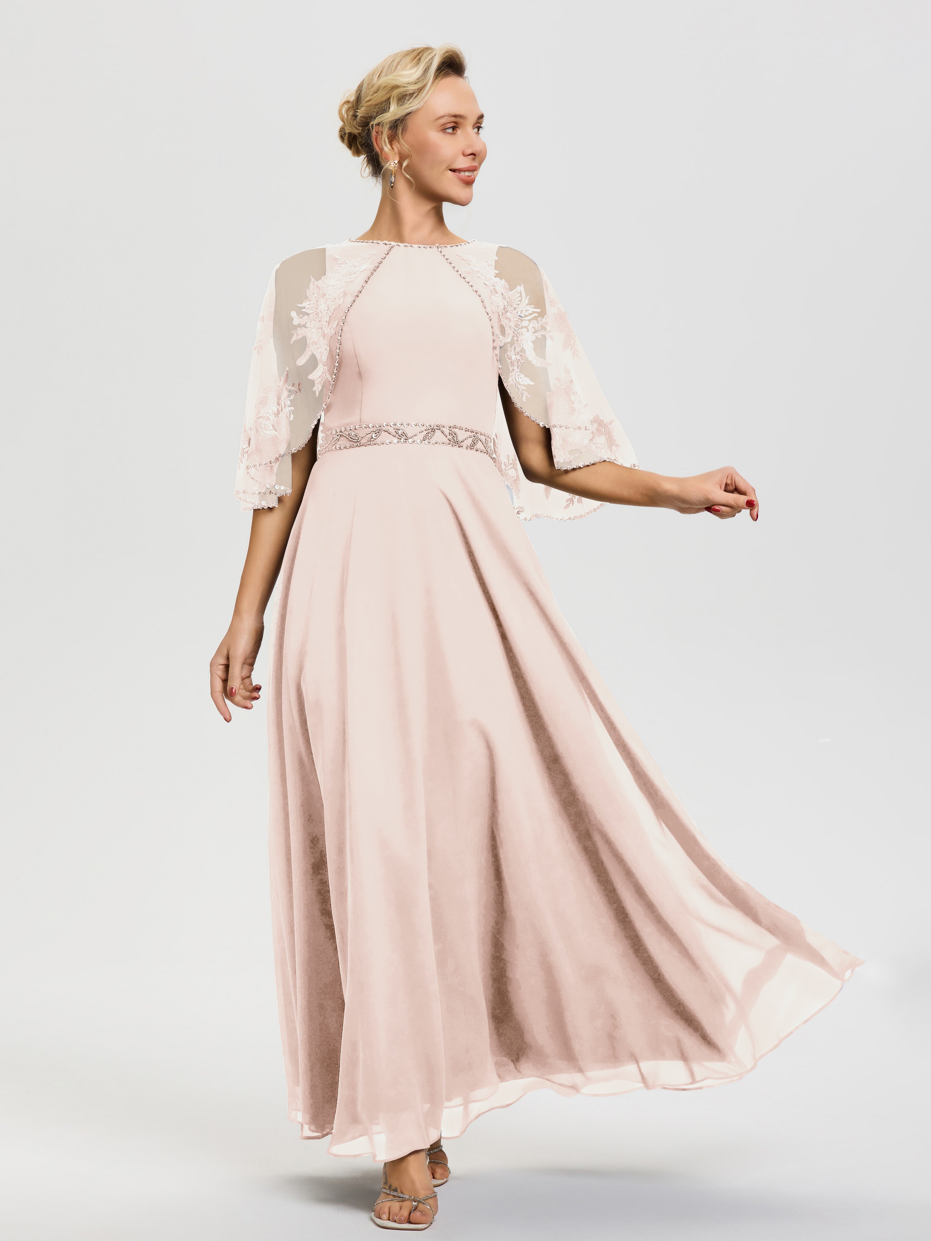 Pearl Pink Mother Of The Bride Dress Beaded Cape-Sleeve Jewel Neck Chiffon Maxi Mother Of The Bride Dresses Pearl Pink Mother Of The Bride Dress Beaded Cape-Sleeve Jewel Neck Chiffon Maxi Mother Of The Bride Dresses