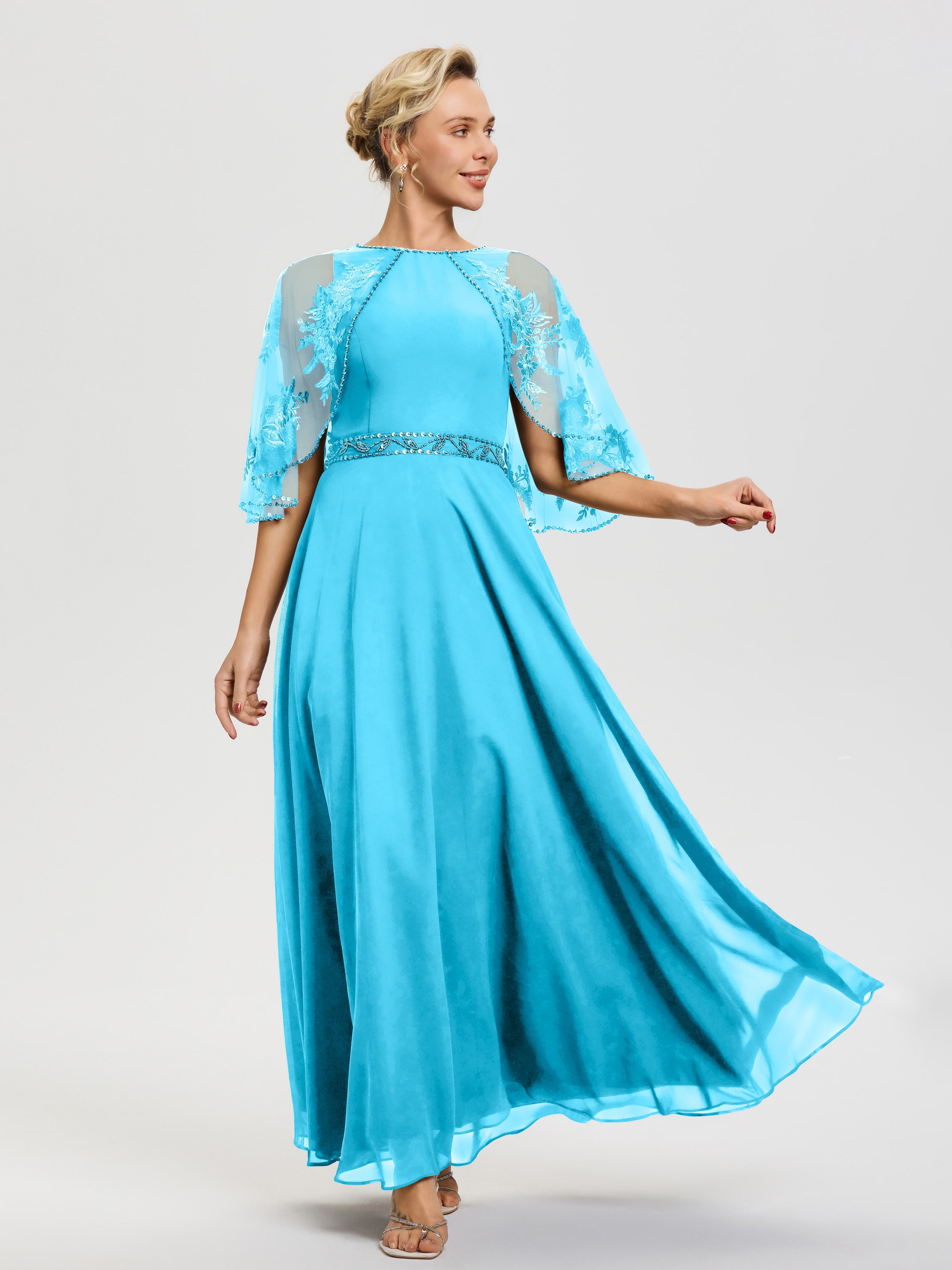 Pool Colored Mother Of The Bride Dresses Beaded Cape-Sleeve Jewel Neck Chiffon Maxi Mother Of The Bride Dresses Pool Colored Mother Of The Bride Dresses Beaded Cape-Sleeve Jewel Neck Chiffon Maxi Mother Of The Bride Dresses