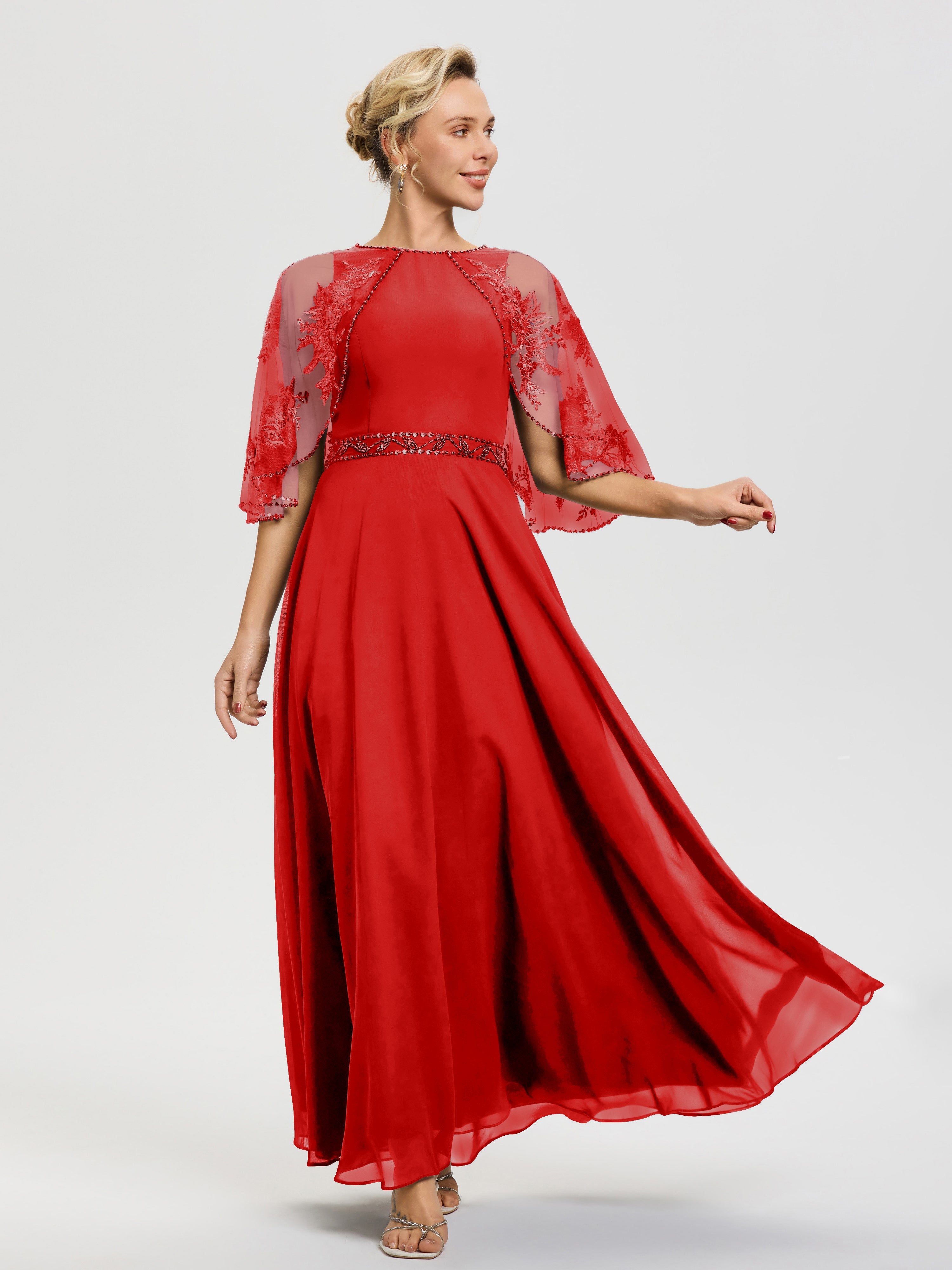 Mother Of The Bride Red Gown Beaded Cape-Sleeve Jewel Neck Chiffon Max