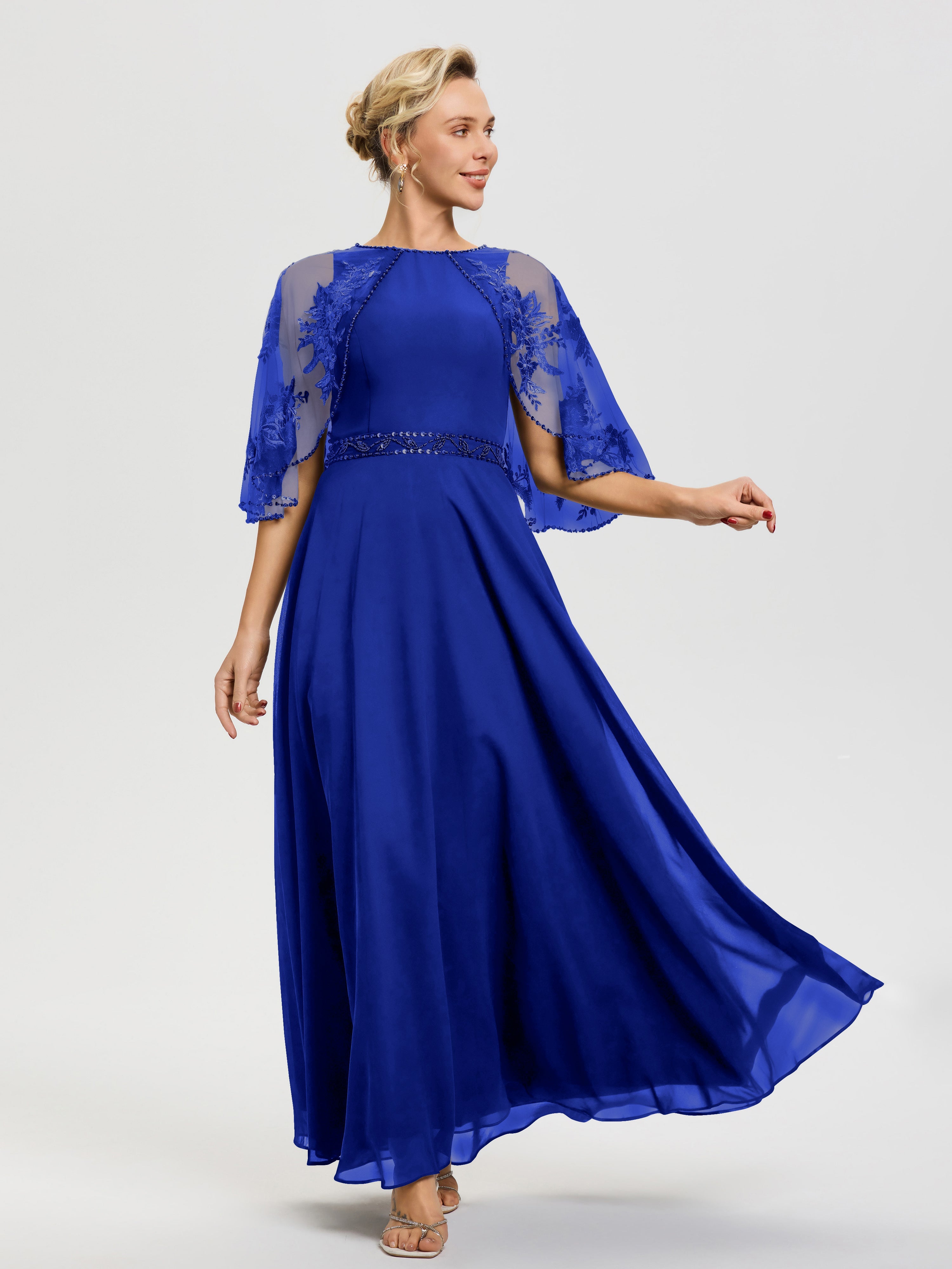 Royal Blue Mother Of Bride Dress Beaded Cape-Sleeve Jewel Neck Chiffon Maxi Mother Of The Bride Dresses Royal Blue Mother Of Bride Dress Beaded Cape-Sleeve Jewel Neck Chiffon Maxi Mother Of The Bride Dresses